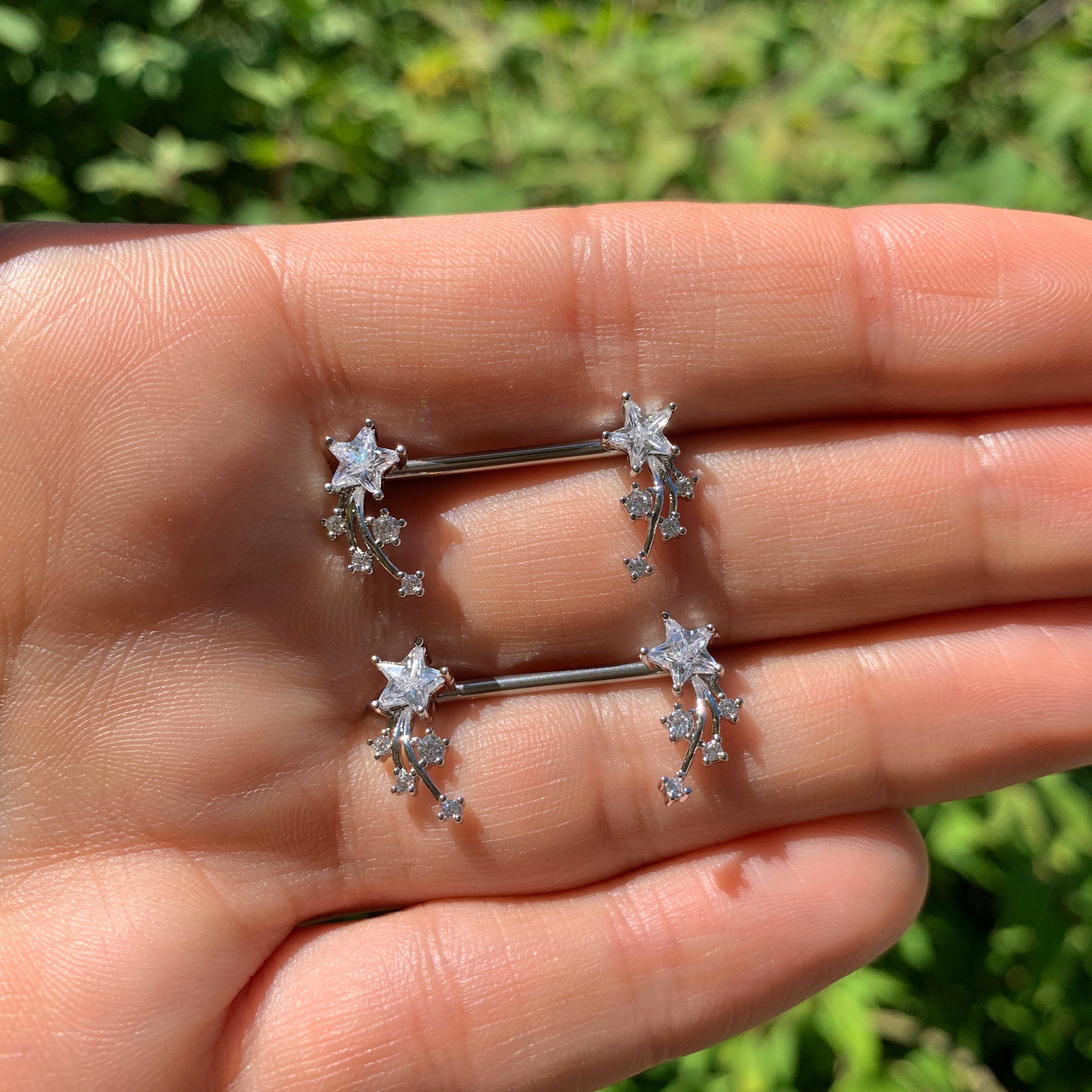 14G 5/8 Clear CZ Gem Shooting Star Barbell Nipple Ring Set