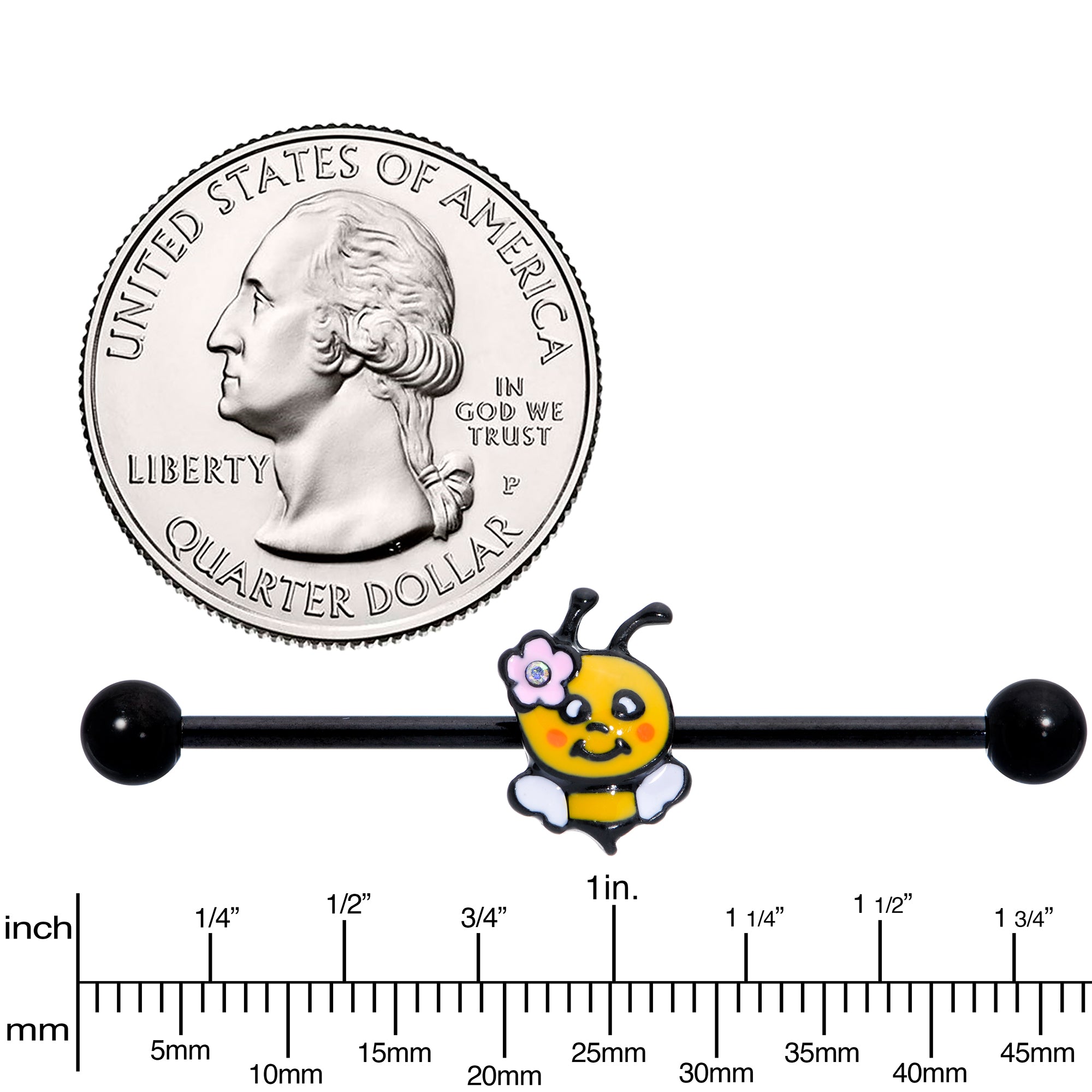 14G Aurora Gem Black Yellow Happy Bee Industrial Barbell 38mm