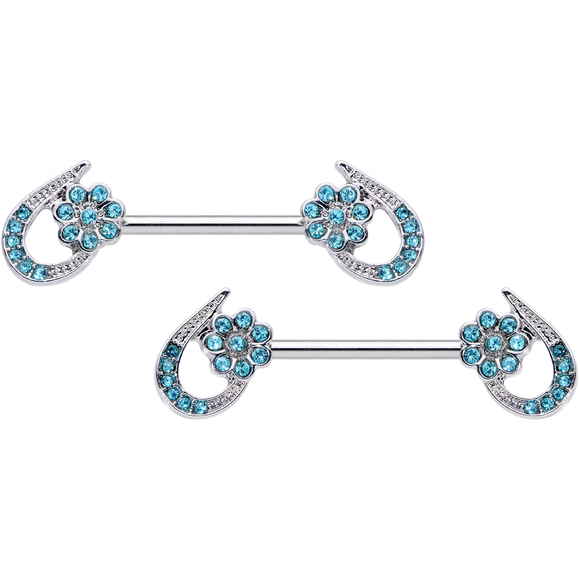 14G 5/8 Aqua Gem Heart Flower Barbell Nipple Ring Set