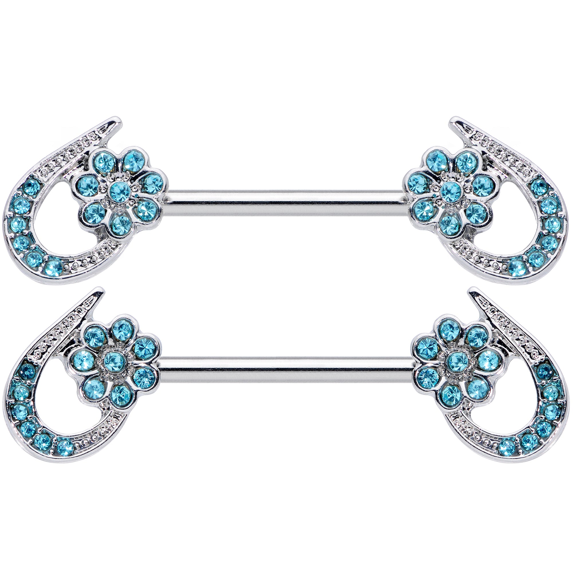 14G 5/8 Aqua Gem Heart Flower Barbell Nipple Ring Set