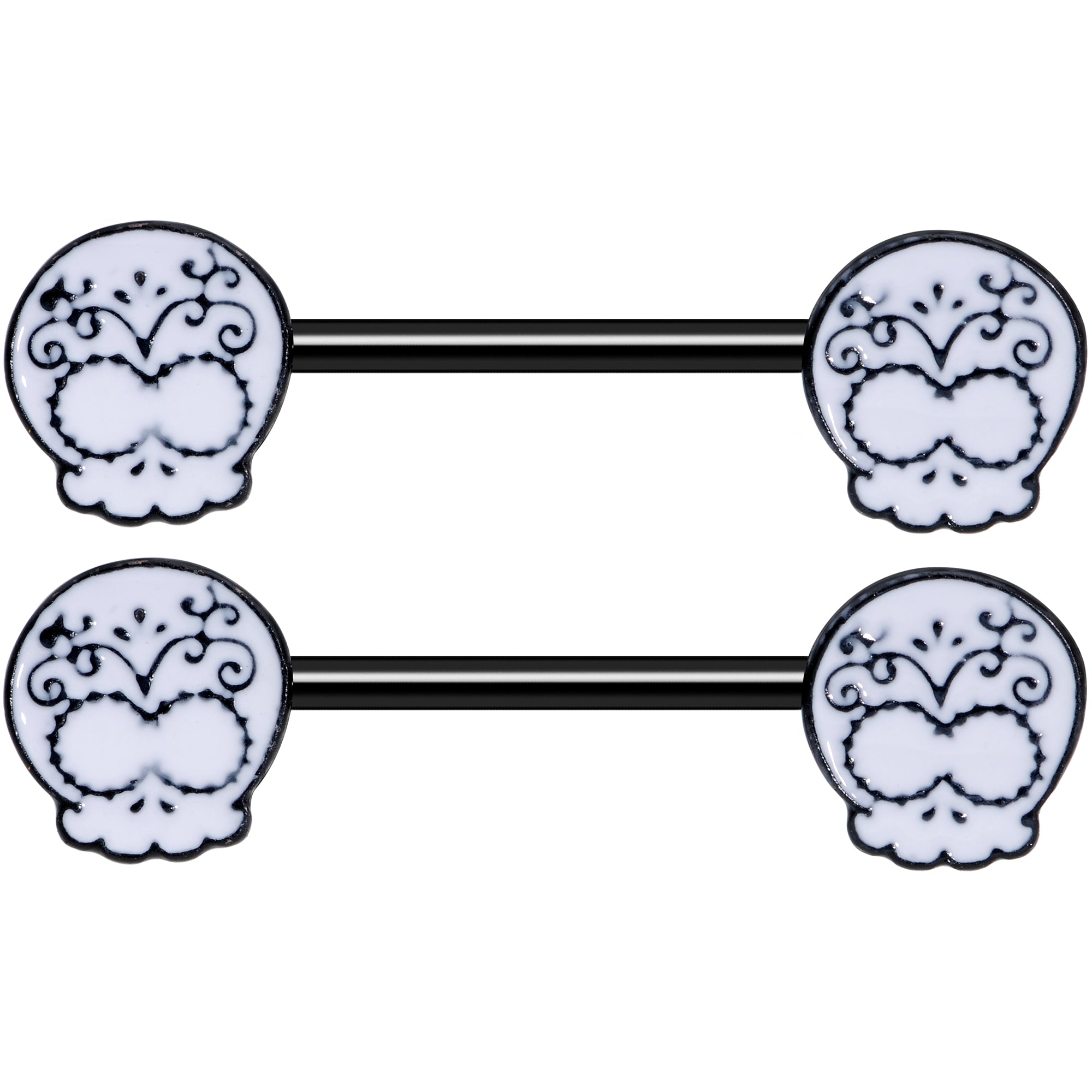 14G 9/16 Black Calavera Sugar Skull Barbell Nipple Ring Set