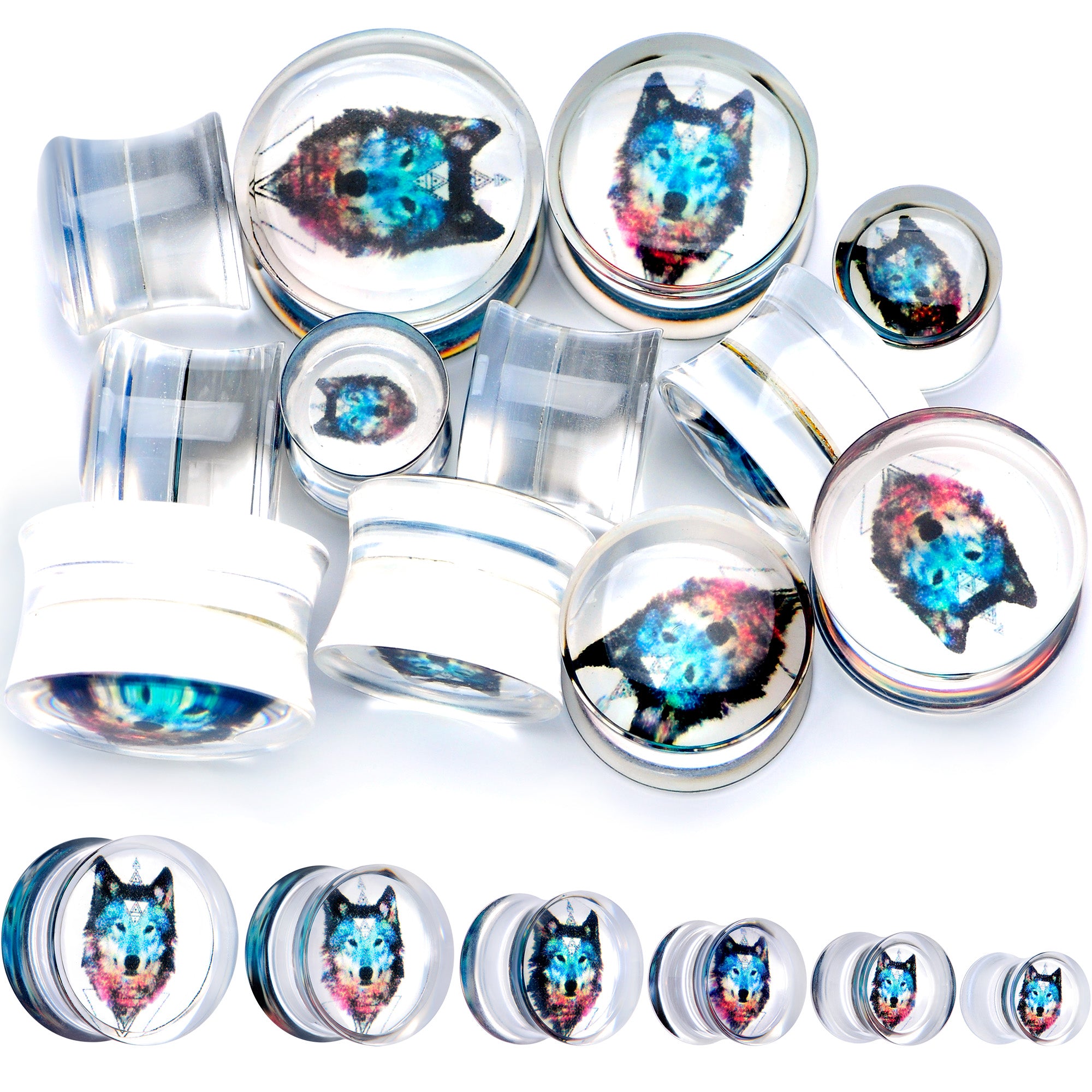 Clear Blue Brown Wolf Acrylic Saddle Plug Set
