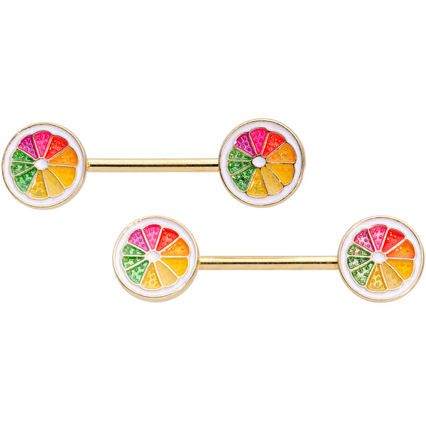 14 Gauge 5/8 Gold Tone Rainbow Grapefruit Barbell Nipple Ring Set