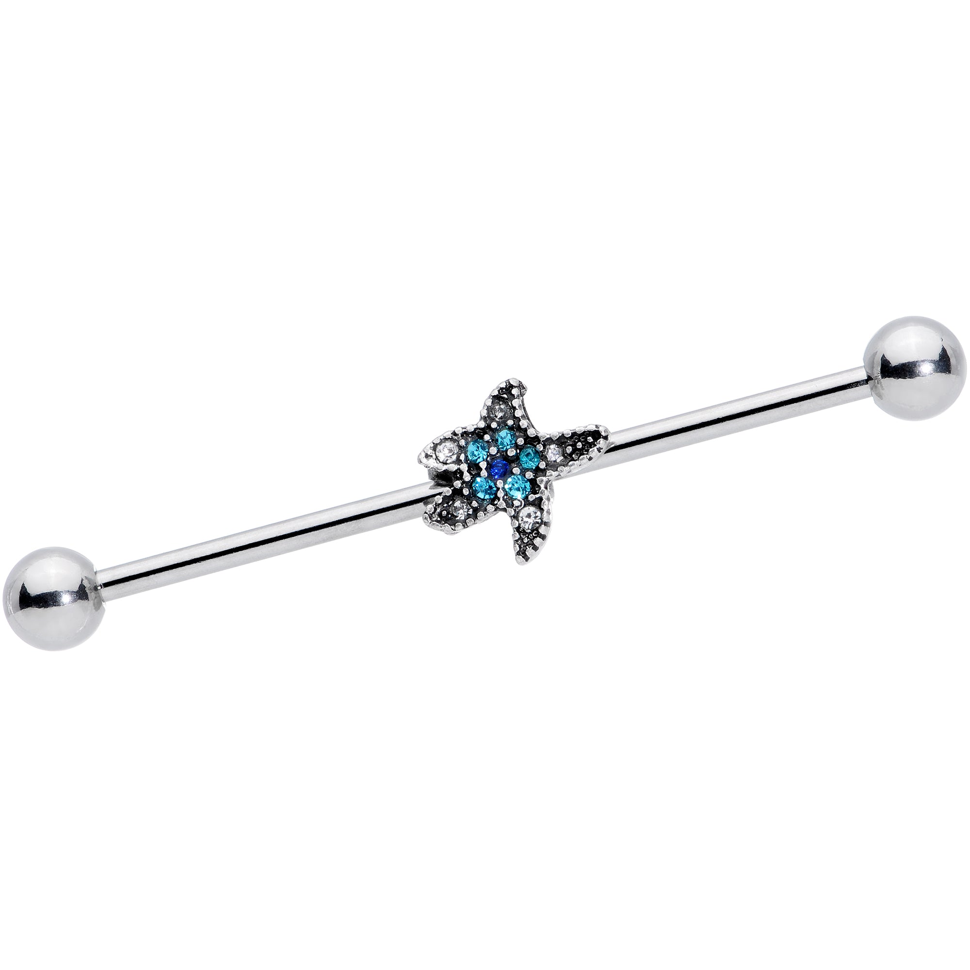 14G Aqua Blue Clear Gem Starfish Industrial Barbell 38mm