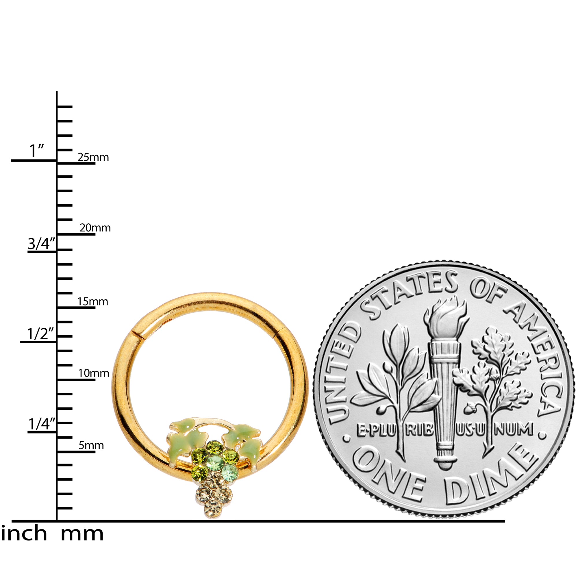 16G 3/8 Green Gem Gold Tone Bunch of Grapes Septum Ring
