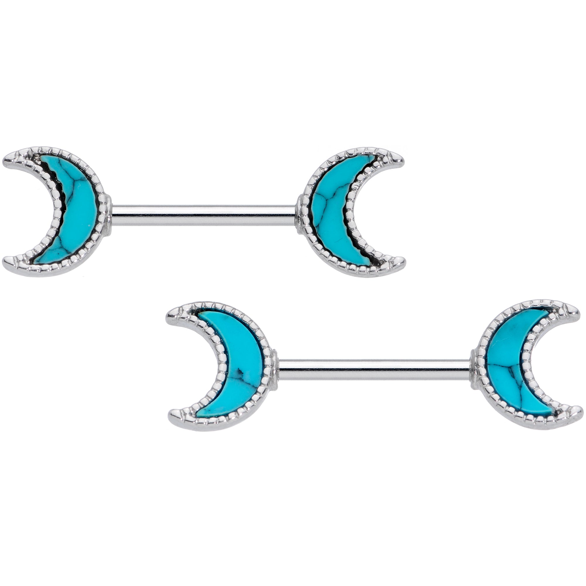 14 Gauge 9/16 Faux Turquoise Crescent Moon Barbell Nipple Ring Set