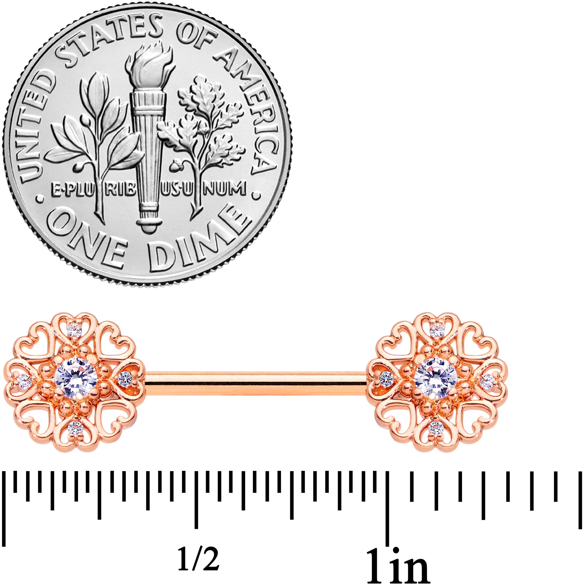 14G 9/16 Clear CZ Gem Rose Gold Hue Heart Barbell Nipple Ring Set