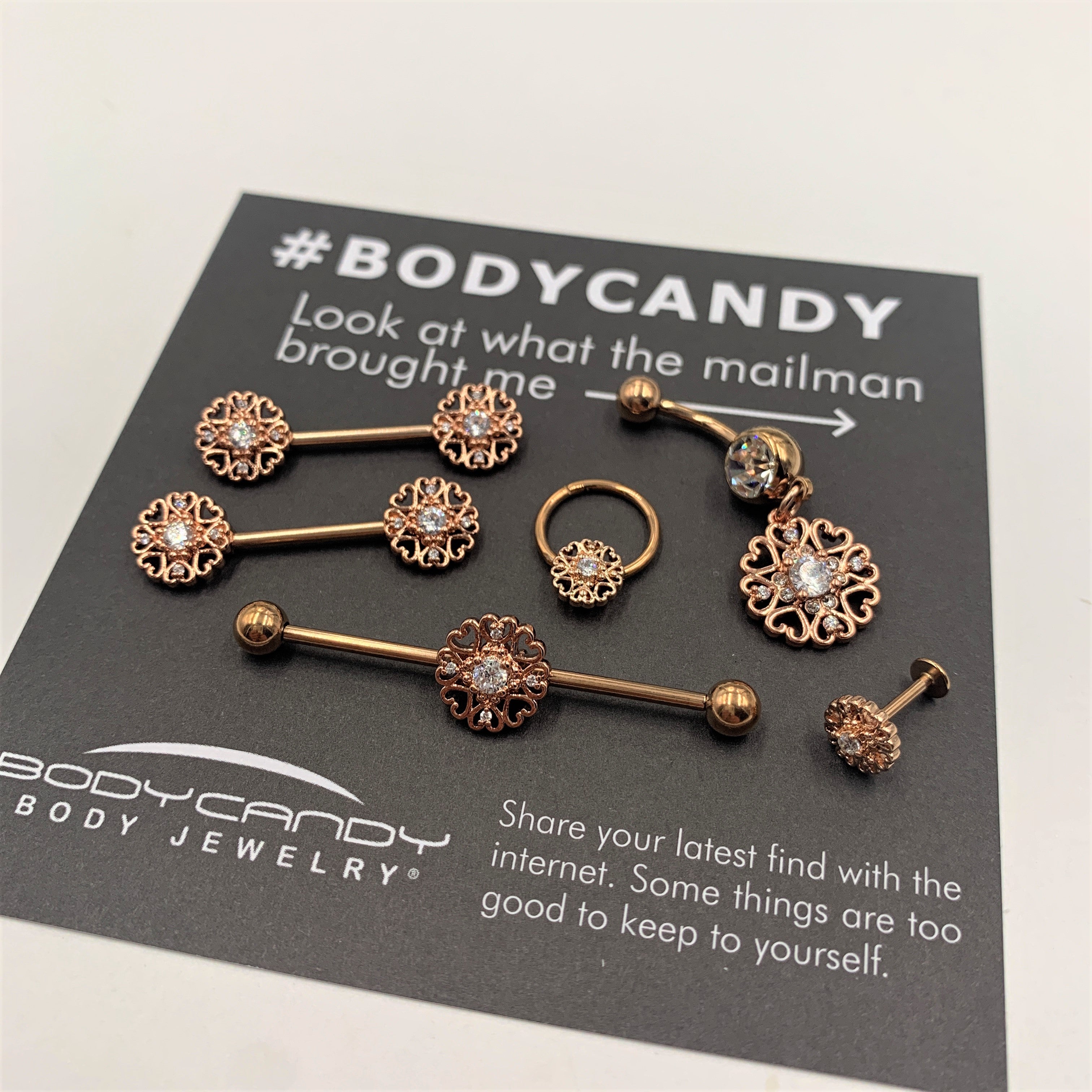 14G 9/16 Clear CZ Gem Rose Gold Hue Heart Barbell Nipple Ring Set