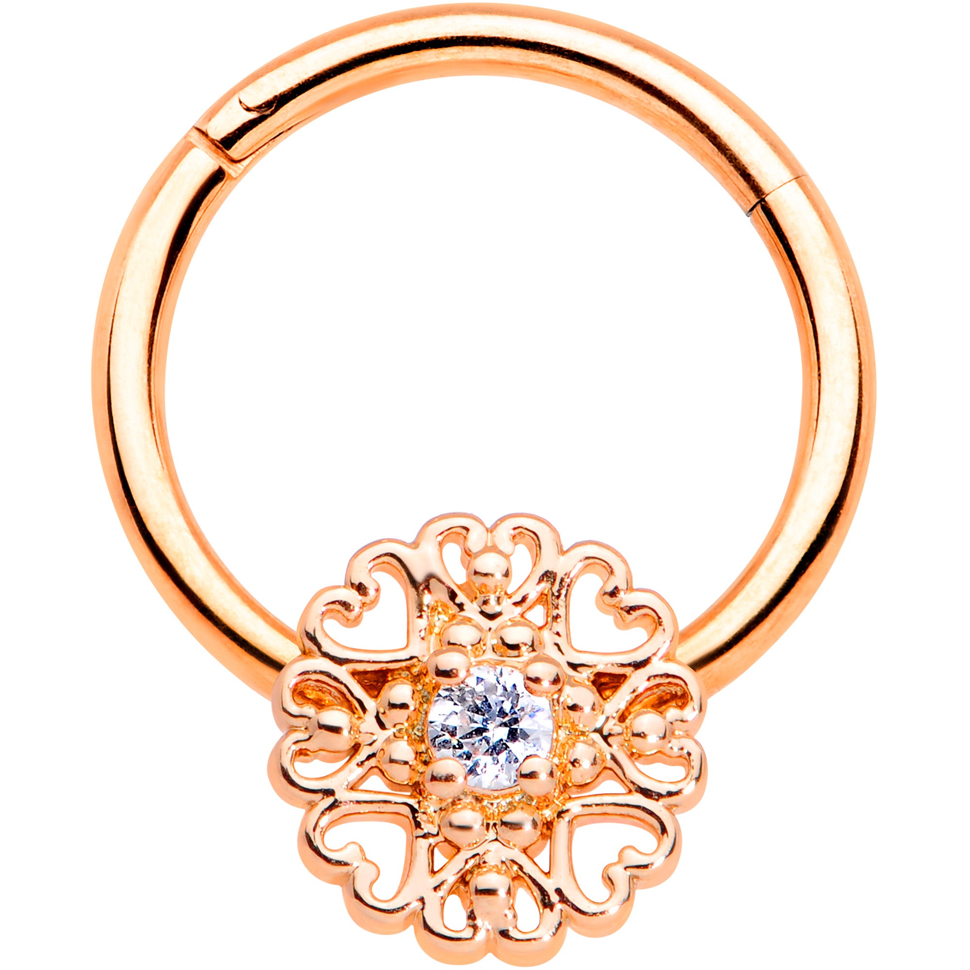 16G 3/8 Clear CZ Gem Rose Gold Tone Hearts Hinged Segment Ring