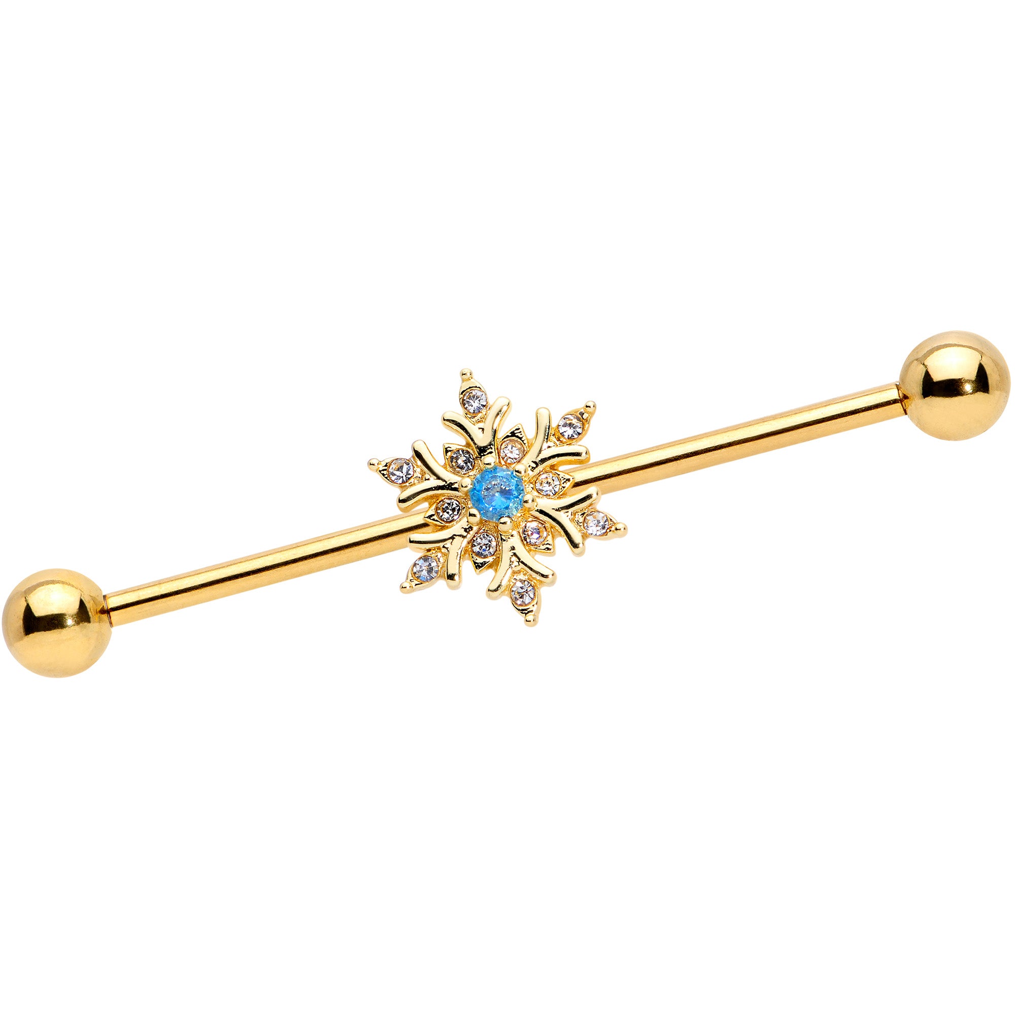 14G Blue CZ Gem Gold Tone Snowflake Industrial Barbell 38mm
