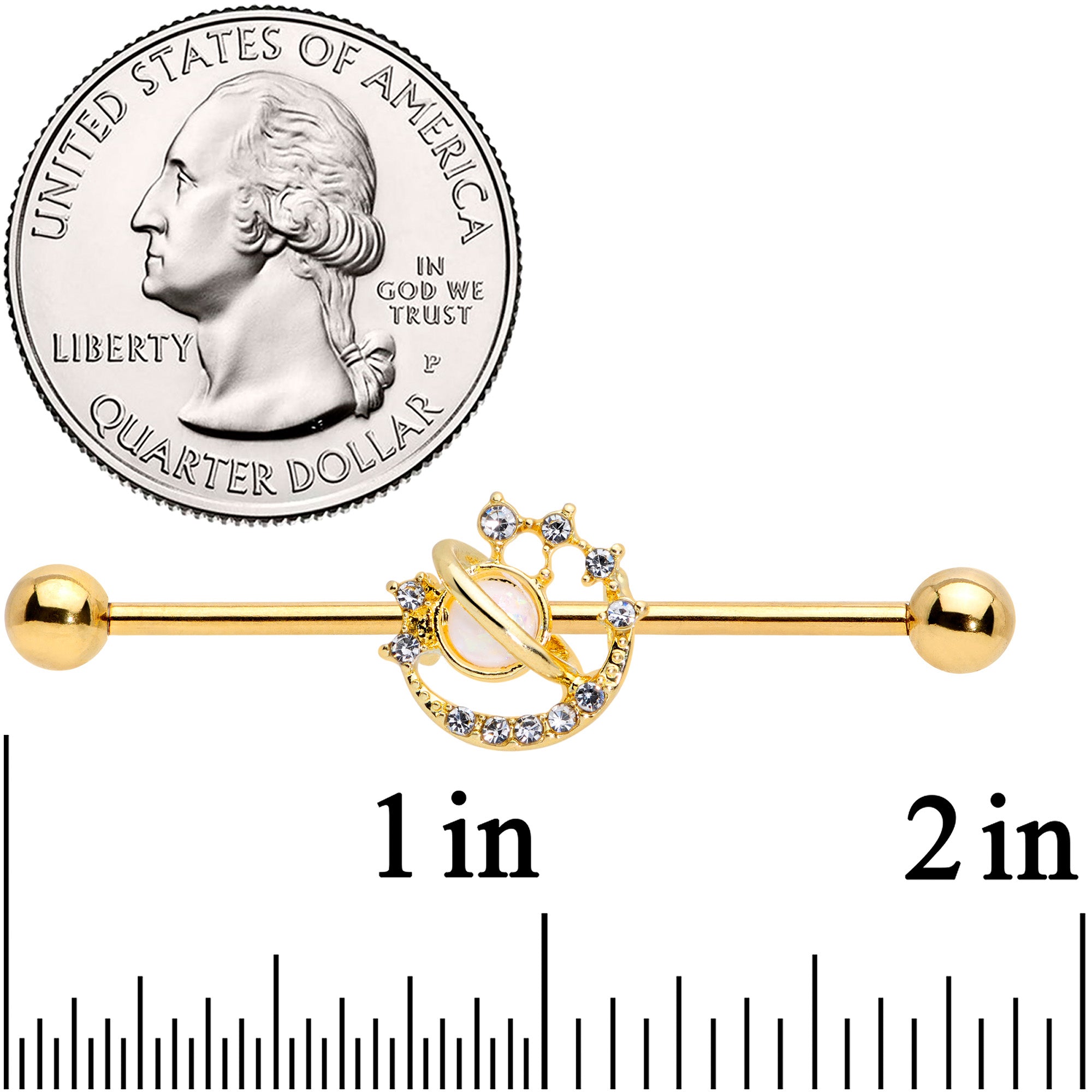 14G Clear Gem Gold Tone Saturn Moon Industrial Barbell 38mm