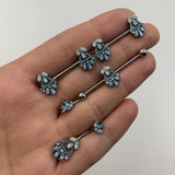 14 Gauge 5/8 Blue White Faux Opal Ornate Barbell Nipple Ring Set