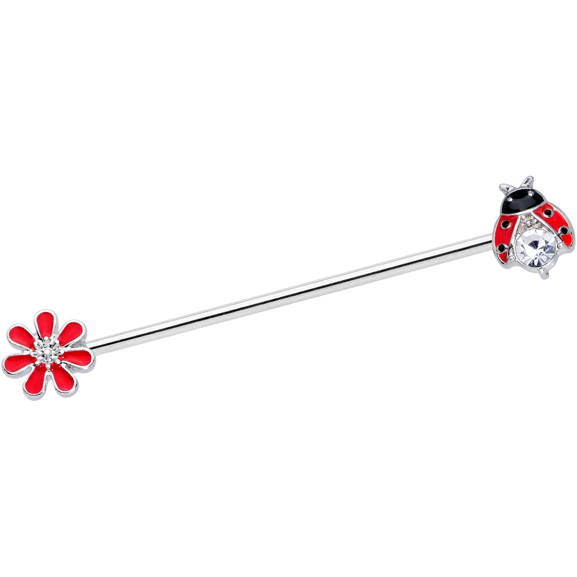 14G Clear Gem Red Ladybug Flower Industrial Barbell 38mm