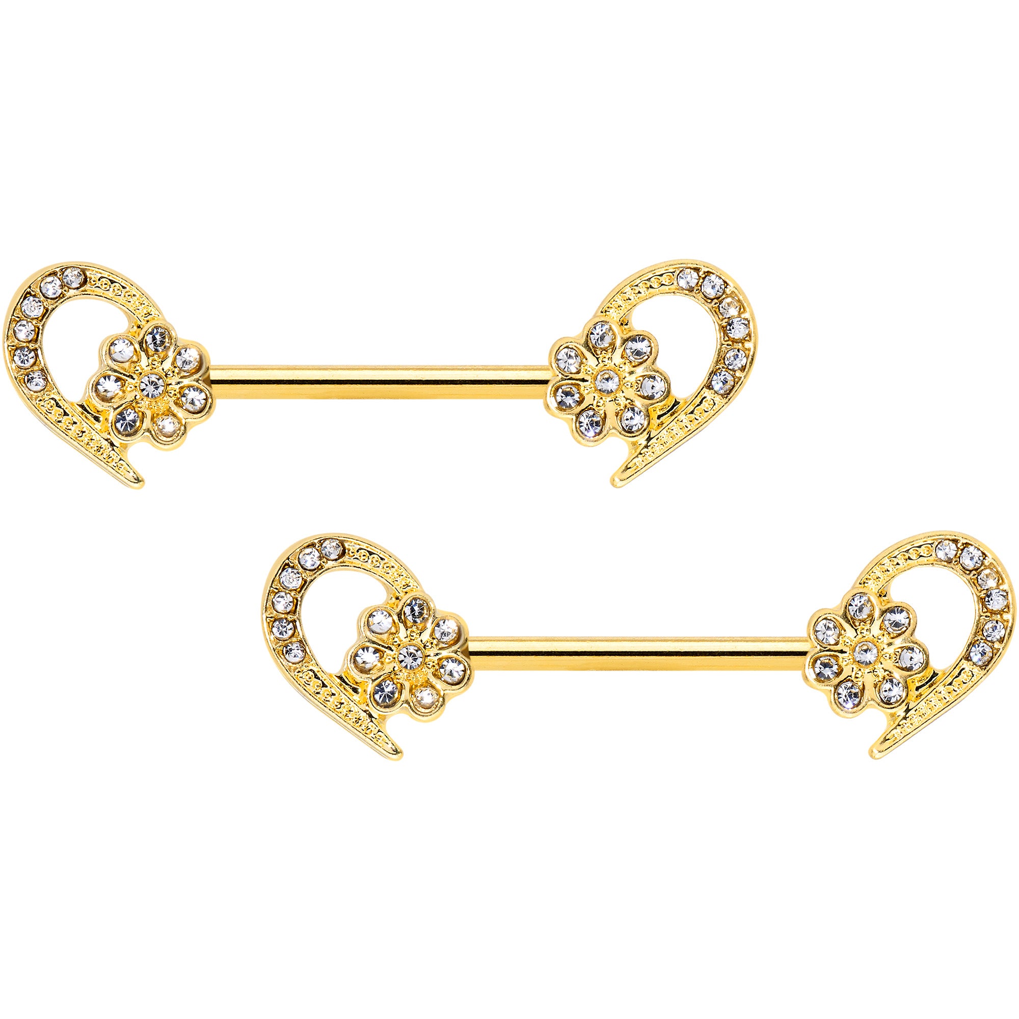 14G 9/16 Clear Gem Gold Tone Flower Heart Barbell Nipple Ring Set