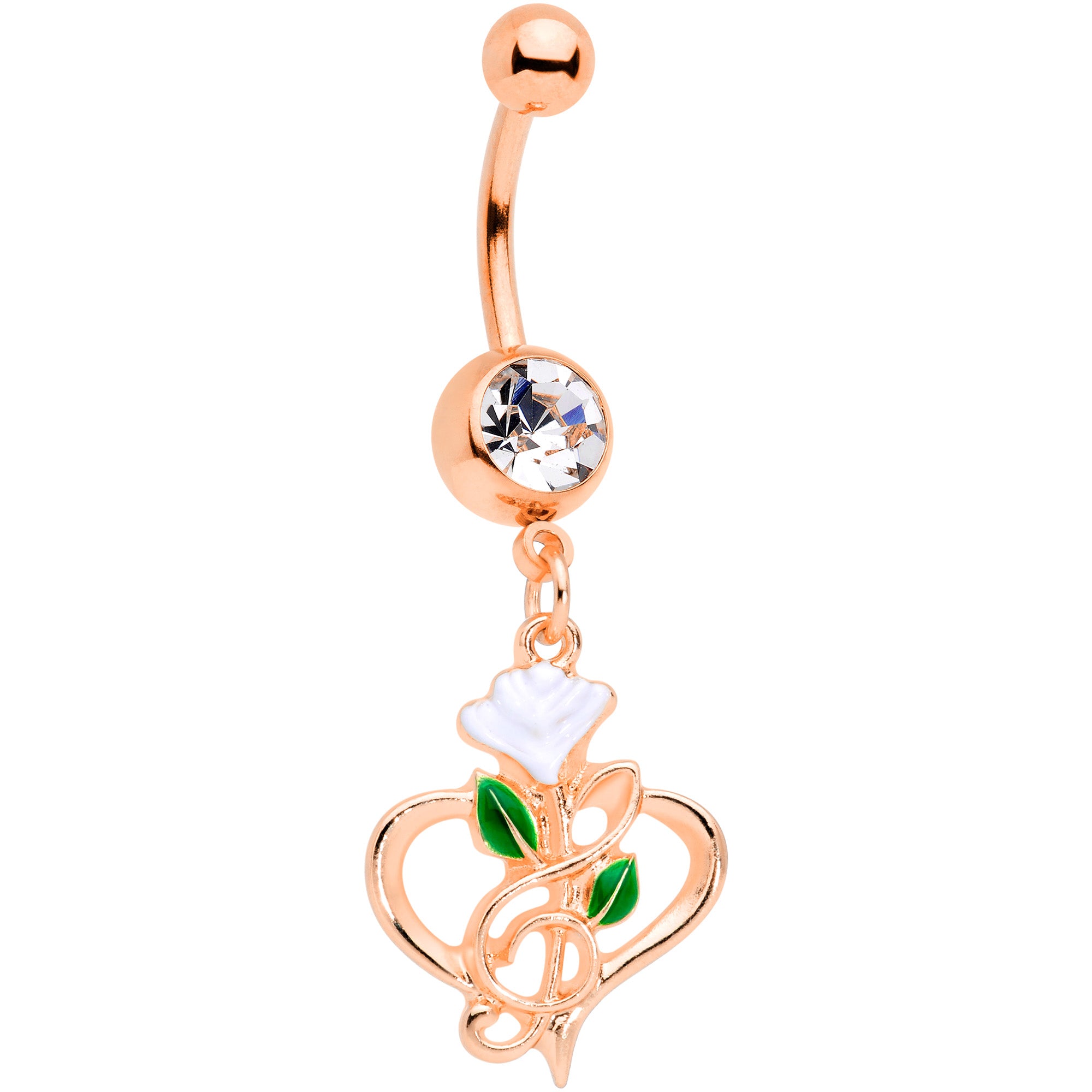 Clear Gem Rose Gold Tone Heart Flower Music Dangle Belly Ring