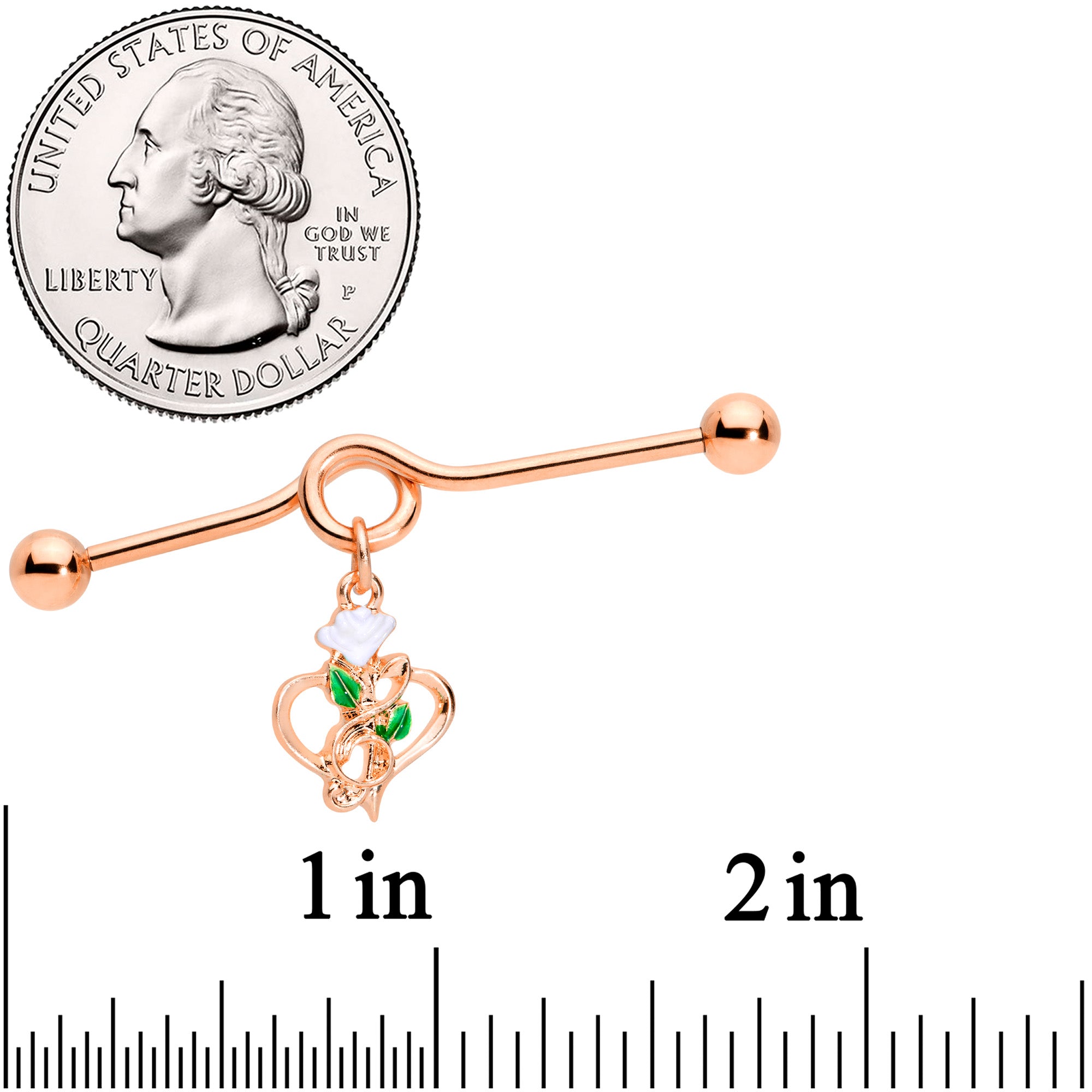 14G Rose Gold Tone Heart Flower Music Dangle Project Bar 38mm