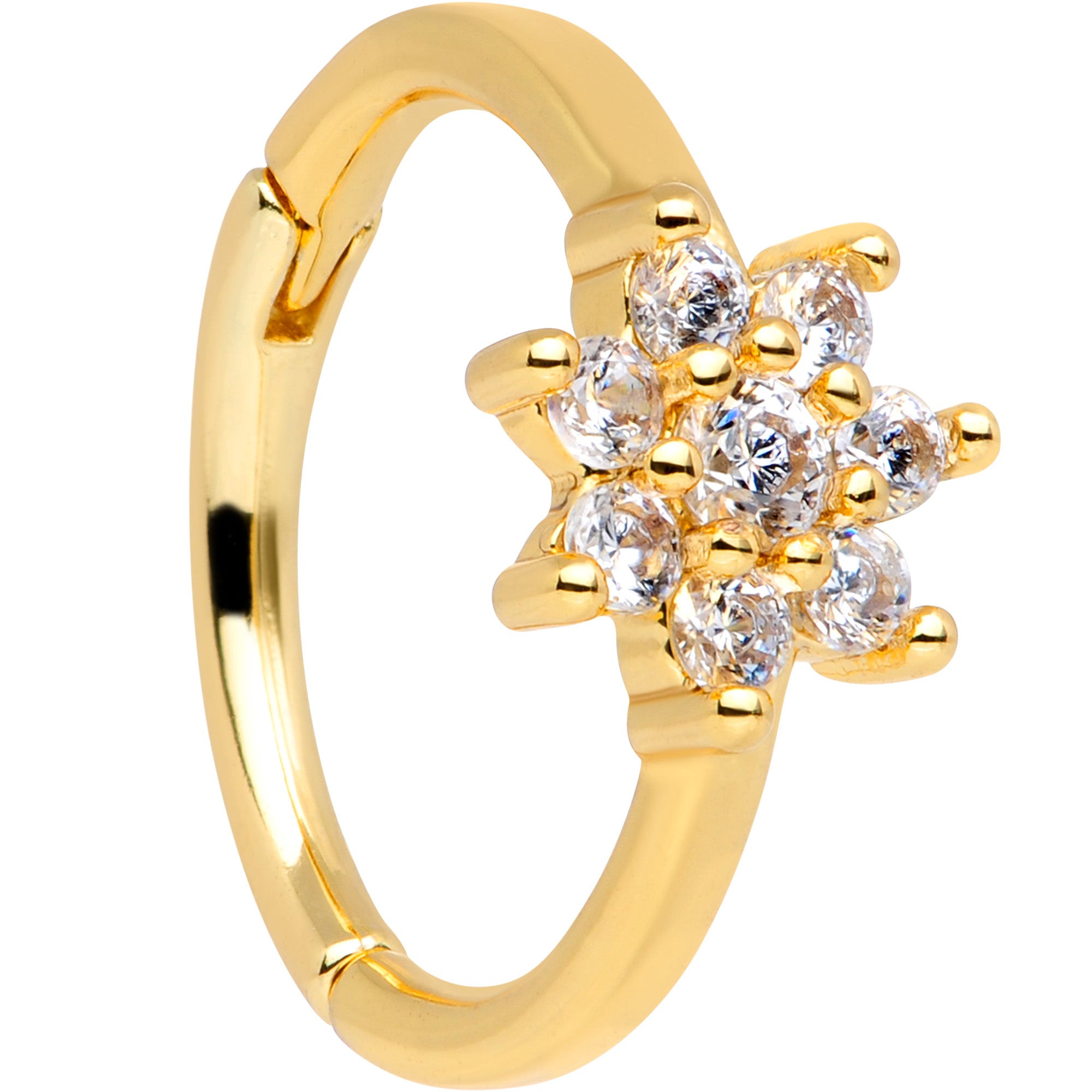 16G 3/8 Clear CZ Gem Gold Tone Flower Hinged Segment Ring