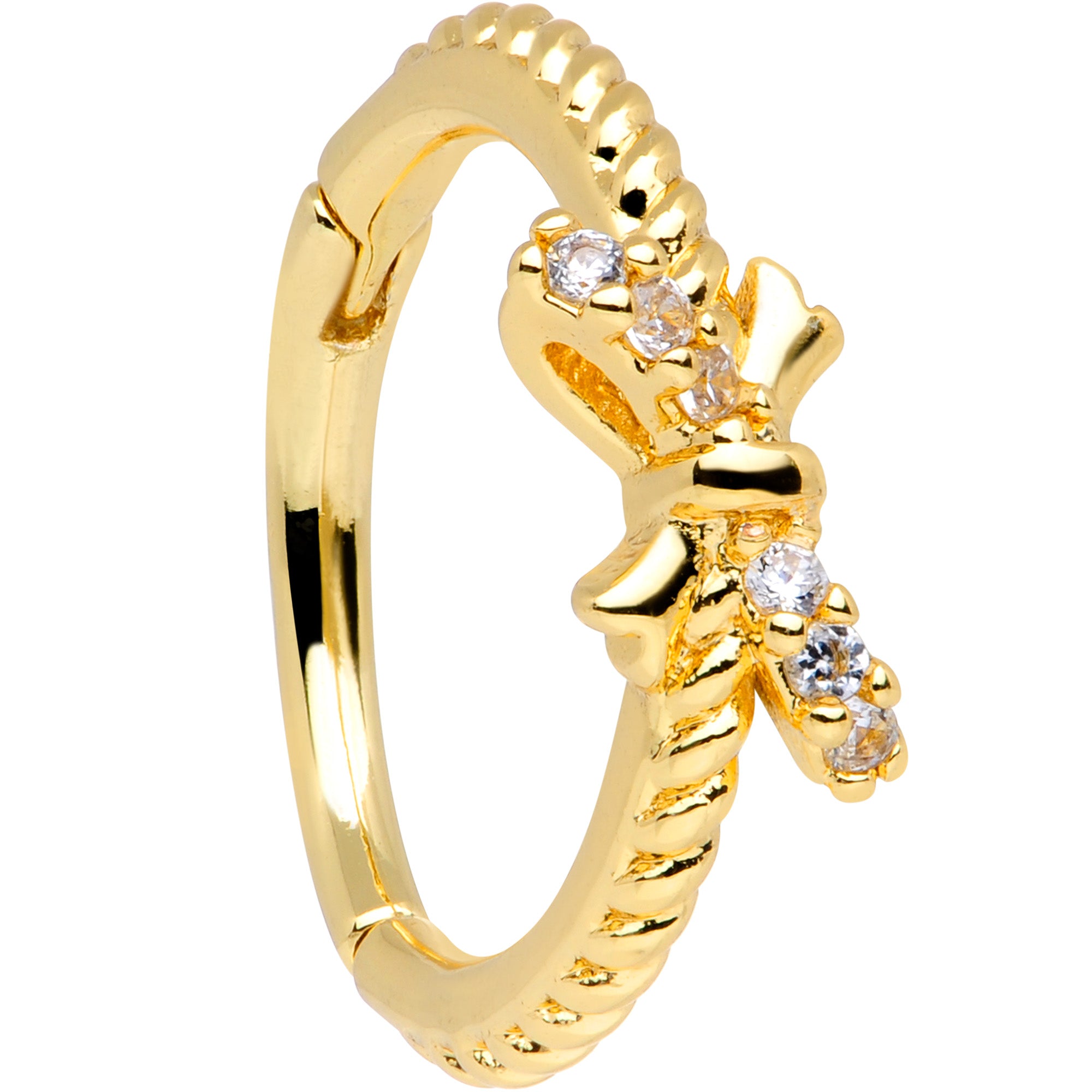 16G 3/8 Clear CZ Gem Gold Tone Bow Hinged Segment Ring
