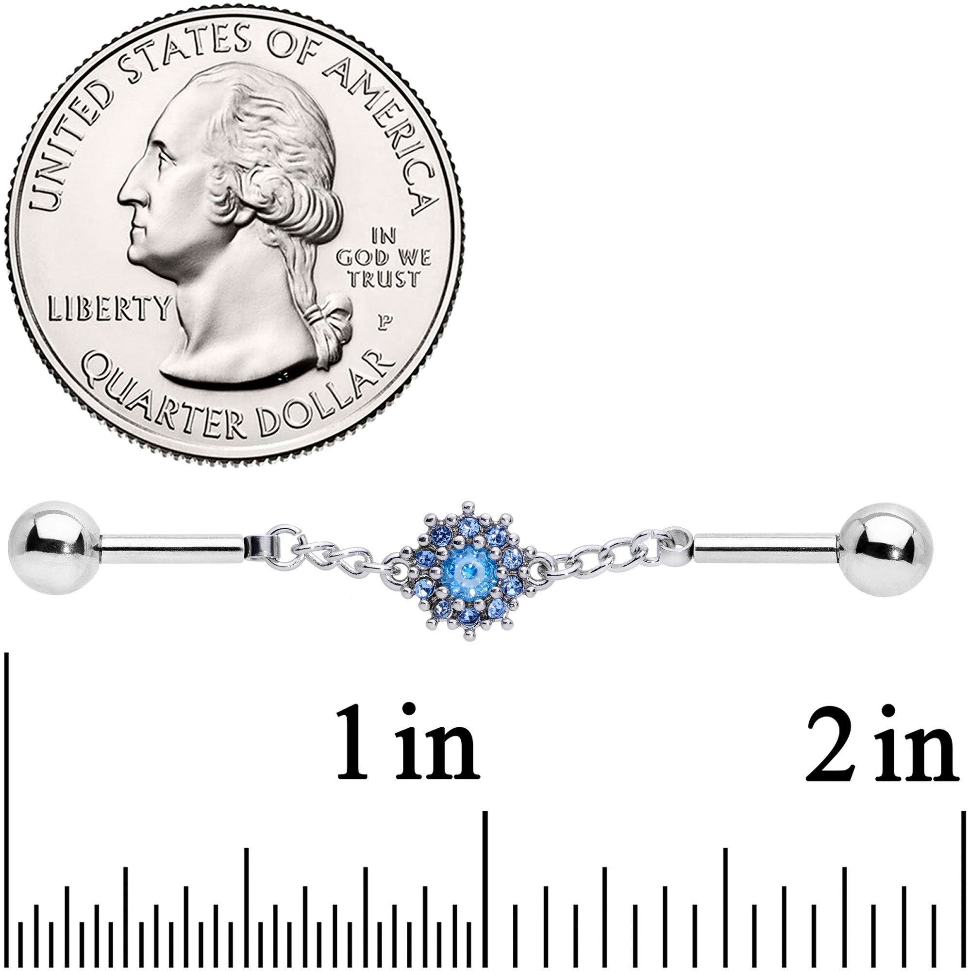 14G Aqua Gem Sunburst Chain Dangle Industrial Barbell 40mm