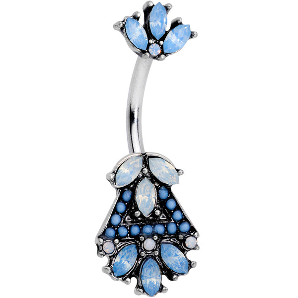 Blue White Faux Opal Ornate Double Mount Belly Ring