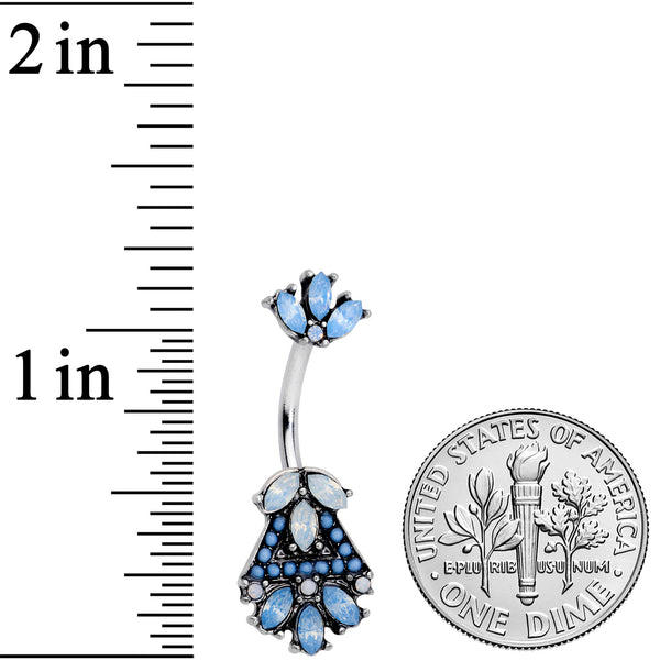 Blue White Faux Opal Ornate Double Mount Belly Ring