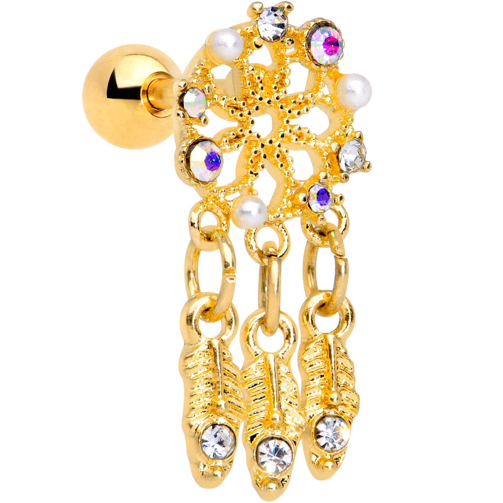 16G 1/4 Aurora CZ Gold Tone Dreamcatcher Feather Dangle Cartilage