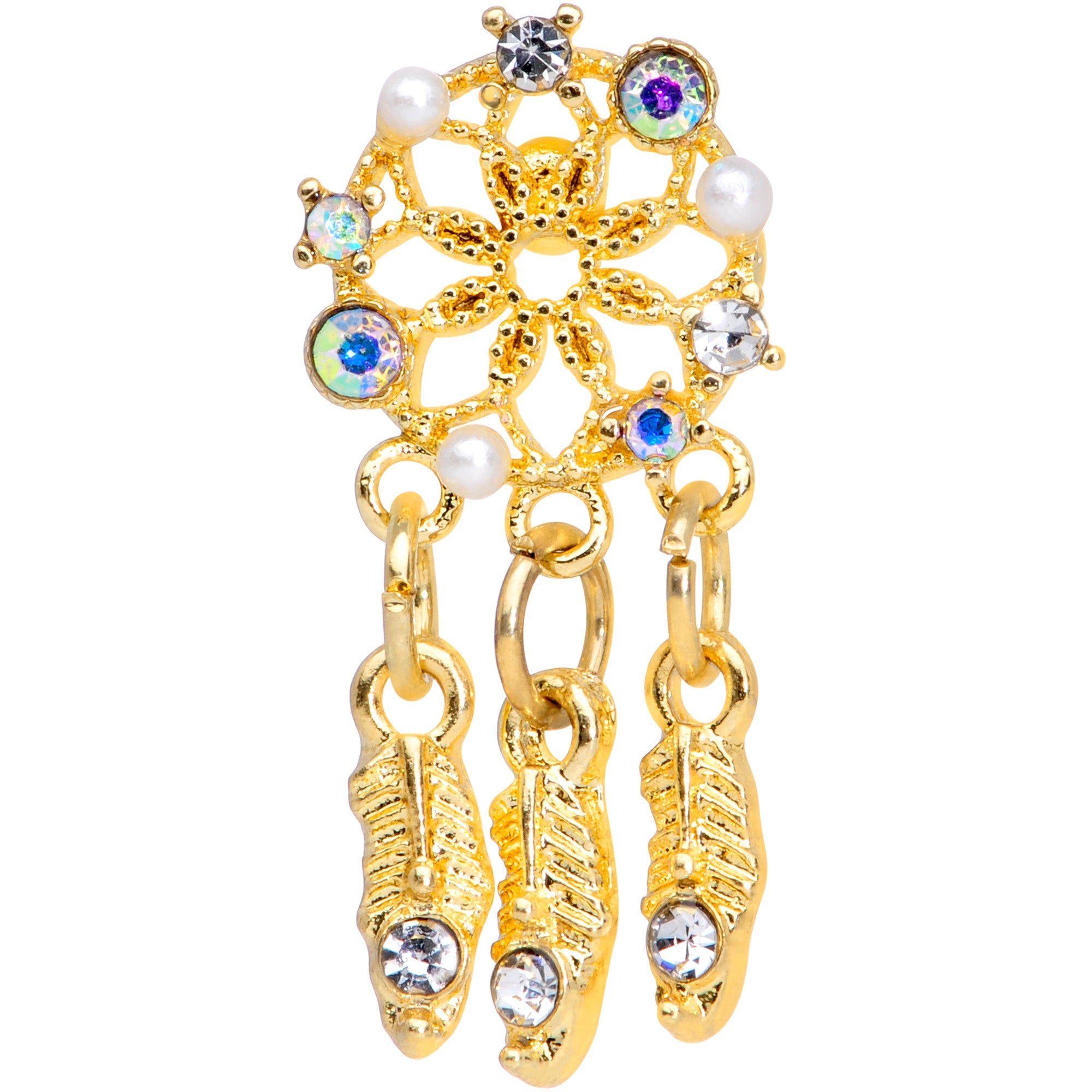 16G 1/4 Aurora CZ Gold Tone Dreamcatcher Feather Dangle Cartilage