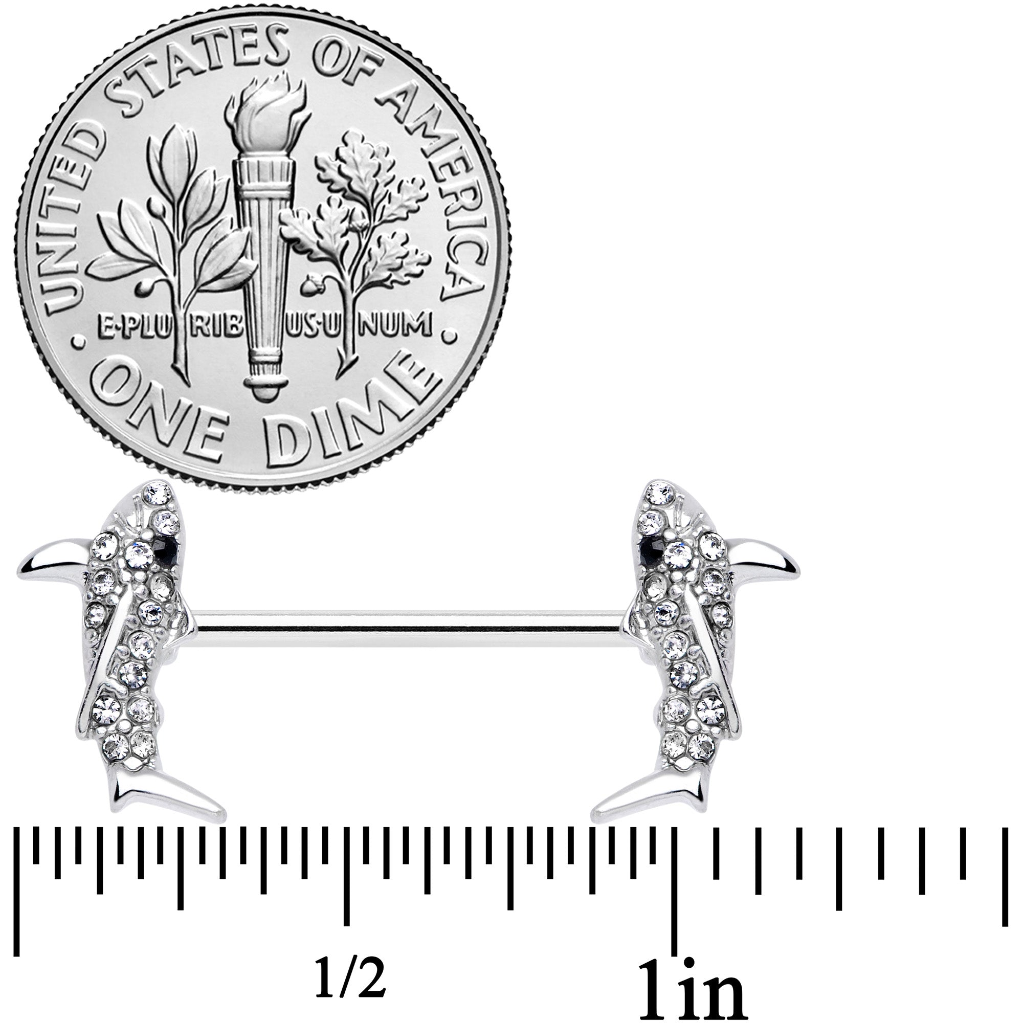 14G 5/8 Clear Black Gem Shark Barbell Nipple Ring Set