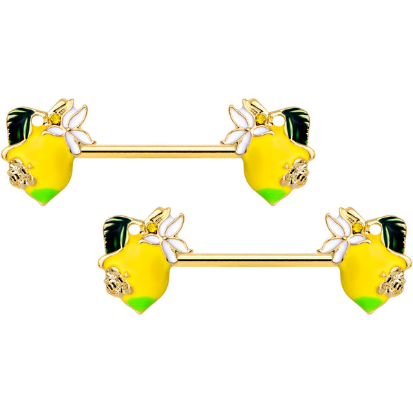 14 Gauge 9/16 Gold Tone Lemon Bee Barbell Nipple Ring Set