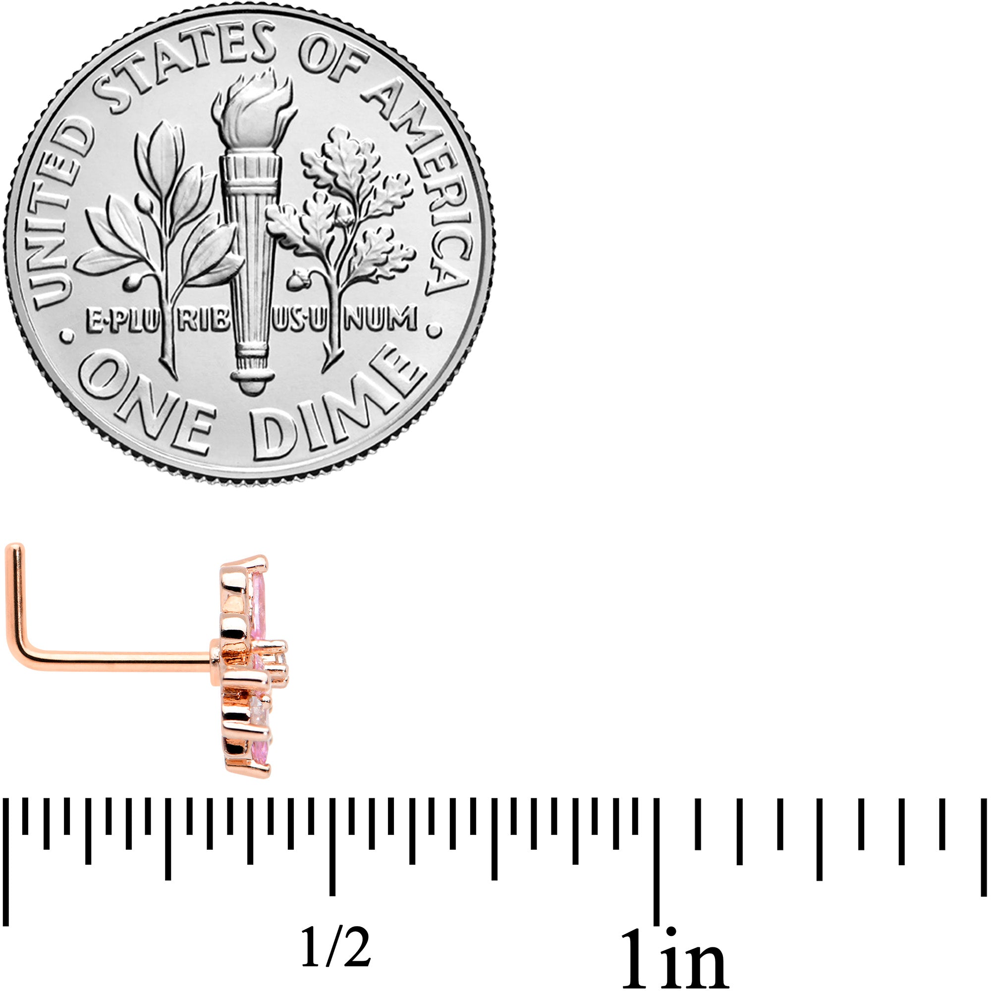 20G 1/4 Pink CZ Gem Rose Gold Tone Looping L Shape Nose Ring