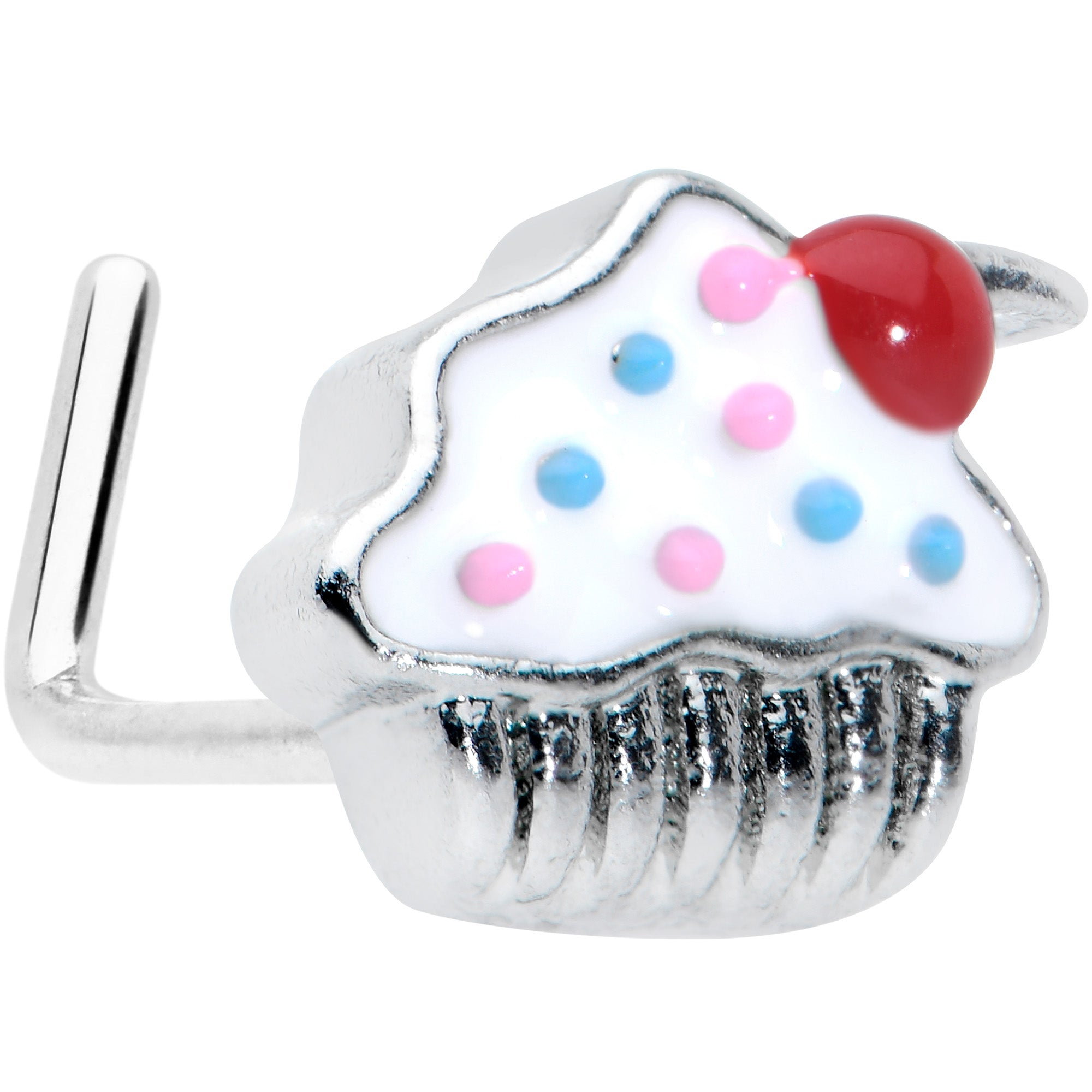 20G 5/16 Red White Sprinkle Cherry Cupcake L Shaped Nose Ring