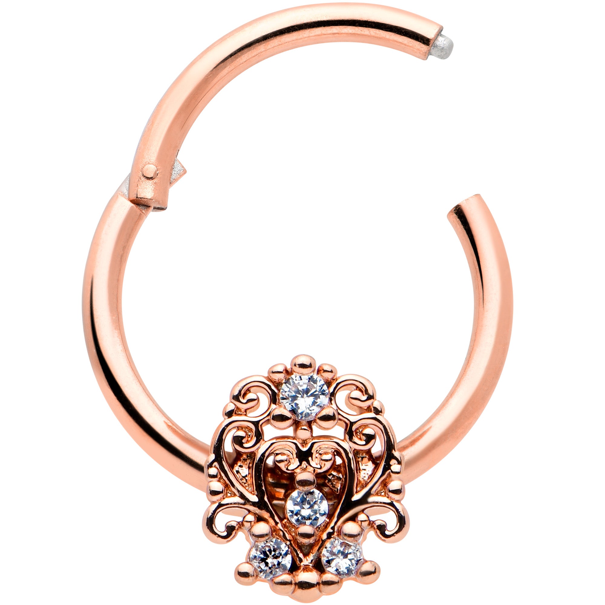 16G 3/8 Clear CZ Gem Rose Gold Tone Elegant Hinged Segment Ring