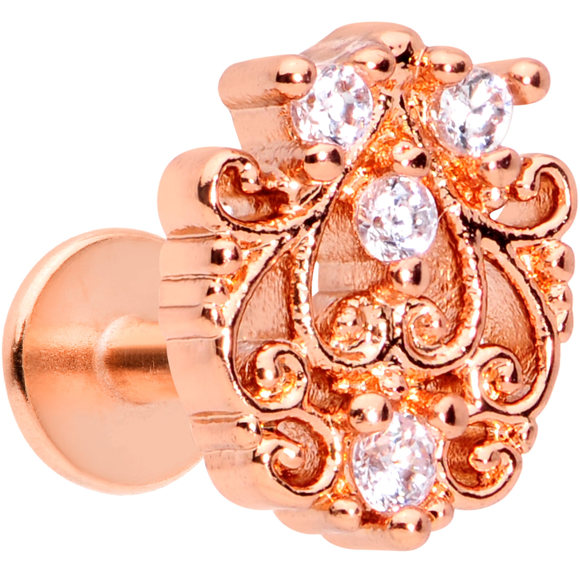 16G 1/4 Clear CZ Gem Rose Gold Tone Elegant Labret Monroe Tragus