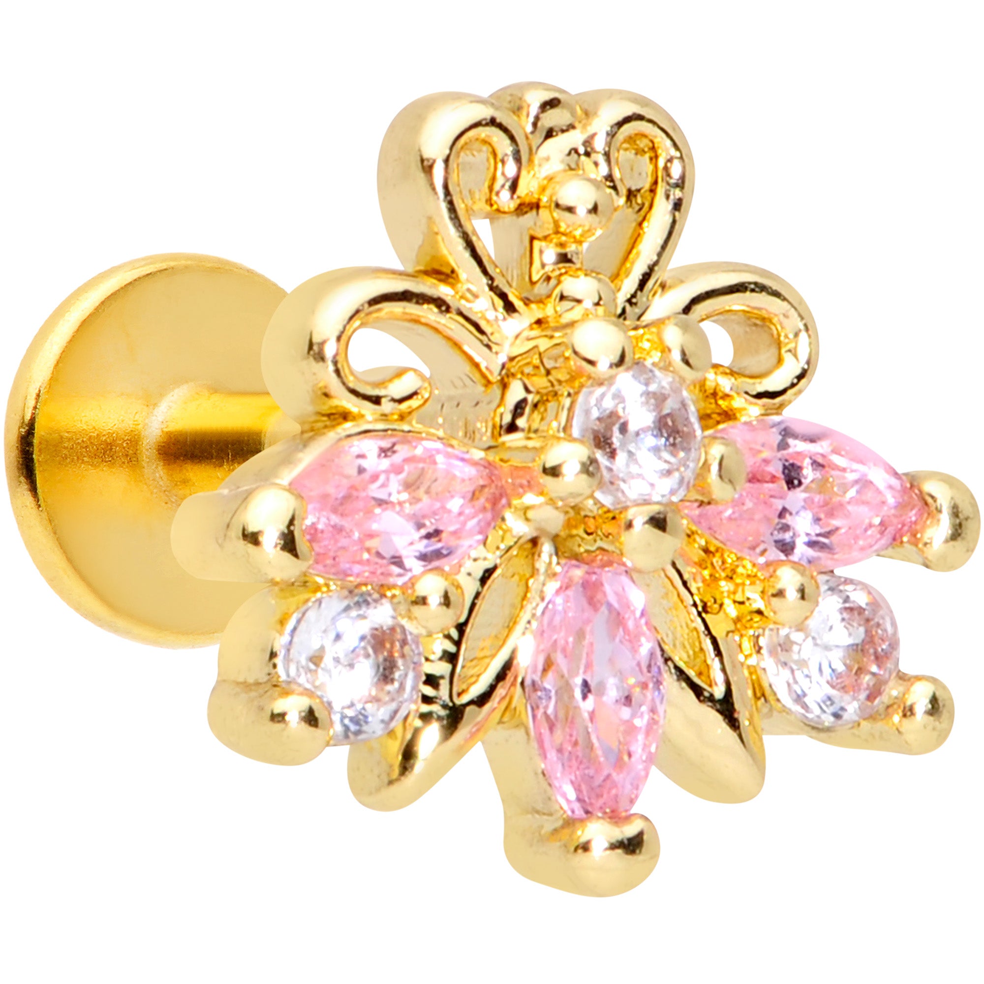 16G 1/4 Clear Pink CZ Gem Gold Tone Looping Labret Monroe Tragus