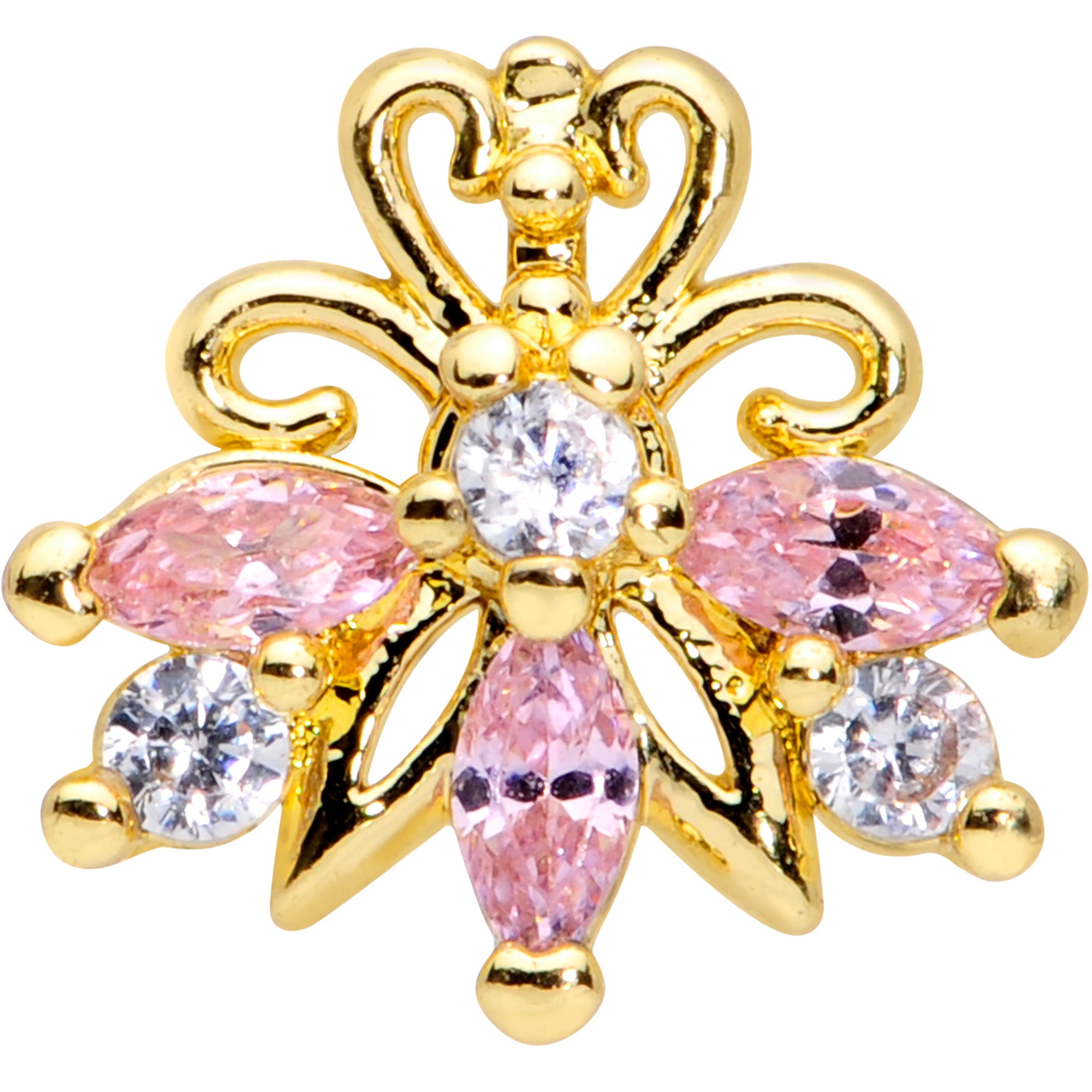 16G 1/4 Clear Pink CZ Gem Gold Tone Looping Labret Monroe Tragus