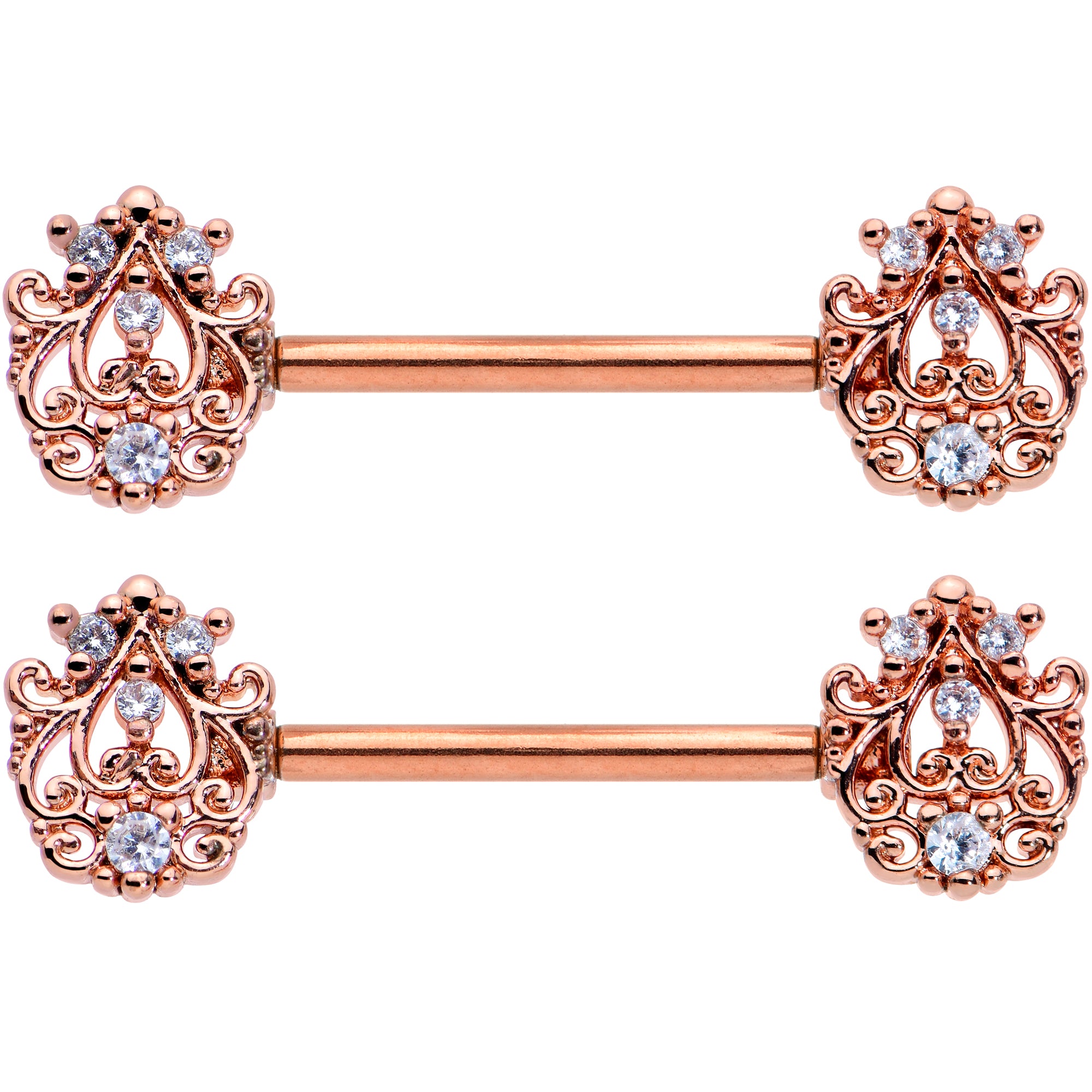 14G 9/16 Clear CZ Gem Rose Gold Tone Elegant Nipple Ring Set