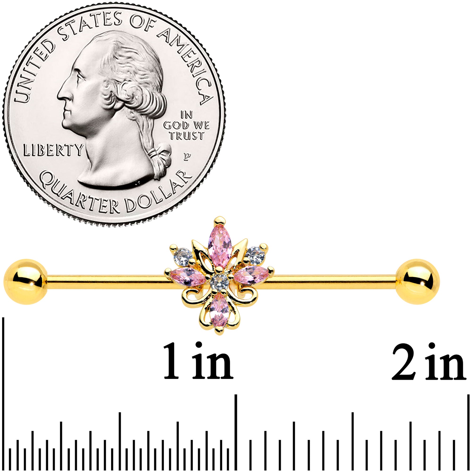 14G Clear Pink CZ Gem Gold Tone Pretty Industrial Barbell 38mm