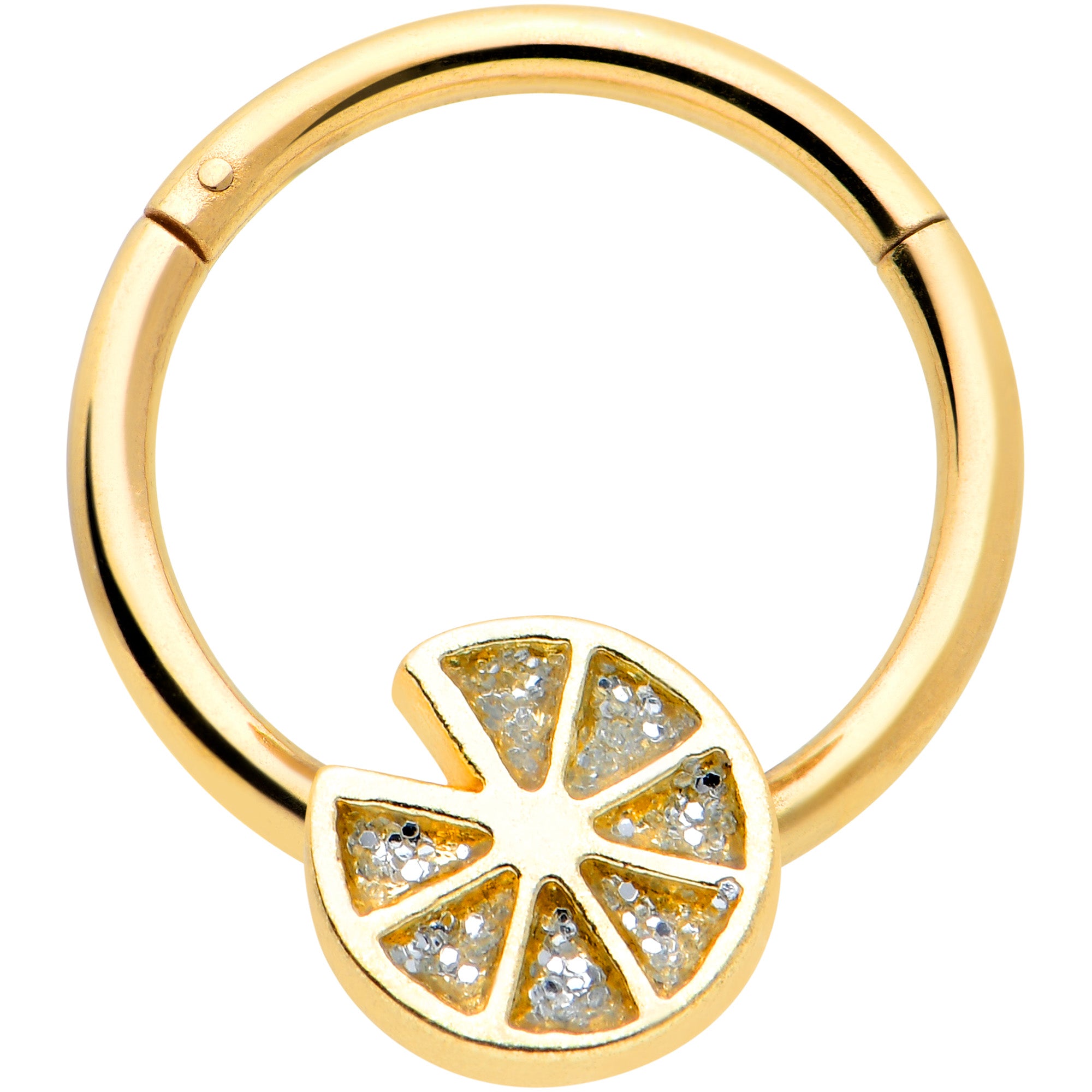 16G 3/8 Gold Tone Tasty Orange Fruit Hinged Segment Ring