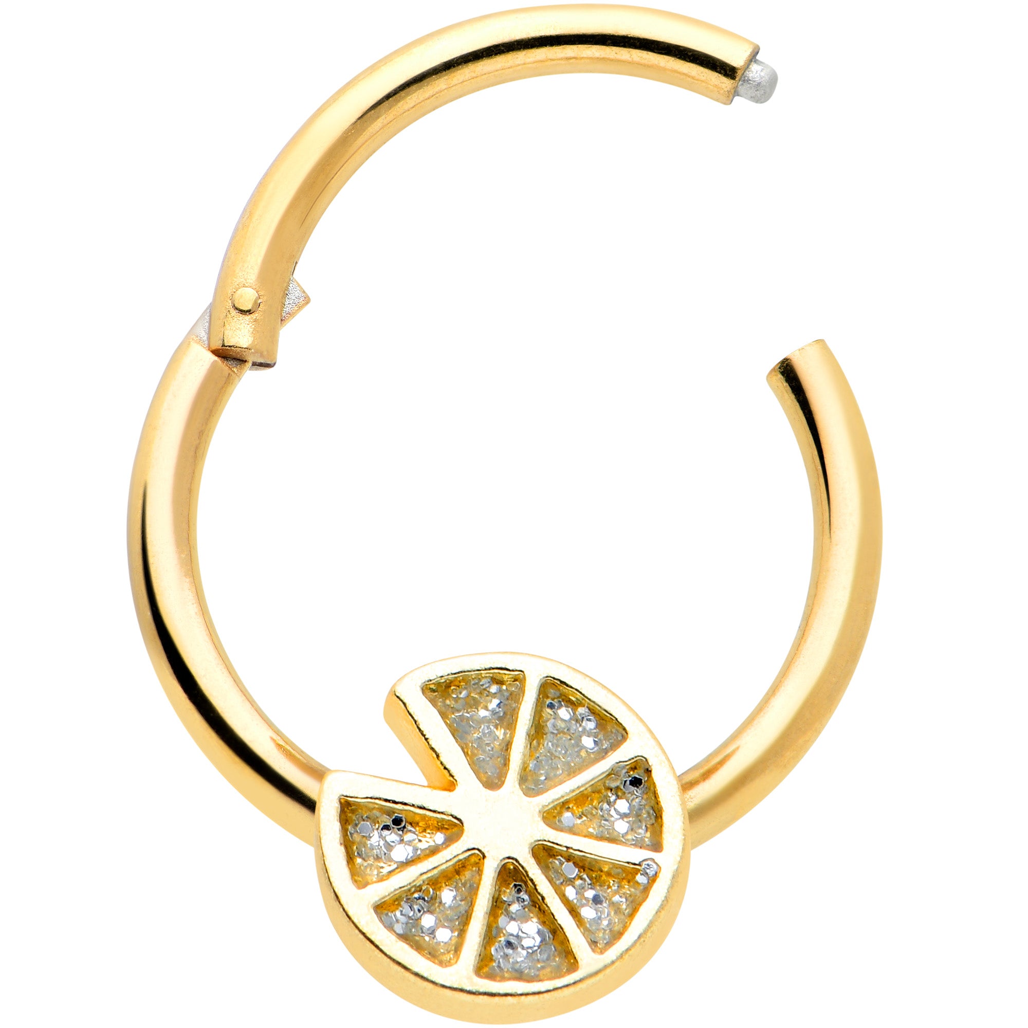 16G 3/8 Gold Tone Tasty Orange Fruit Hinged Segment Ring