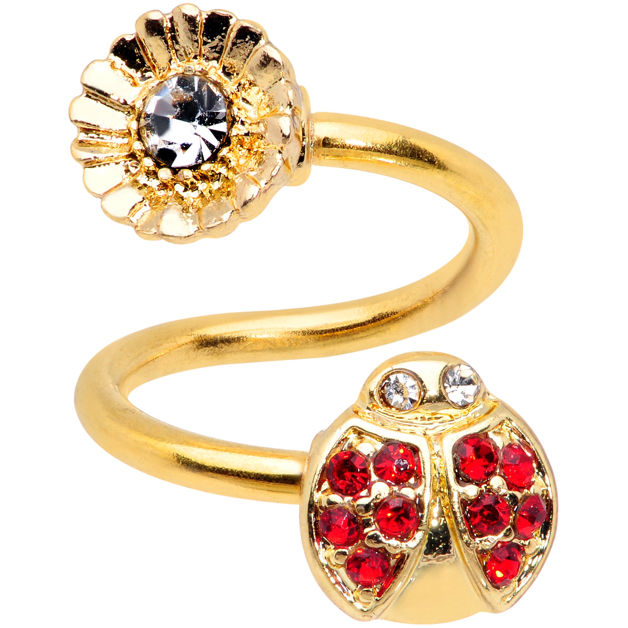Red Clear Gem Gold Tone Ladybug Flower Spiral Twister Belly Ring
