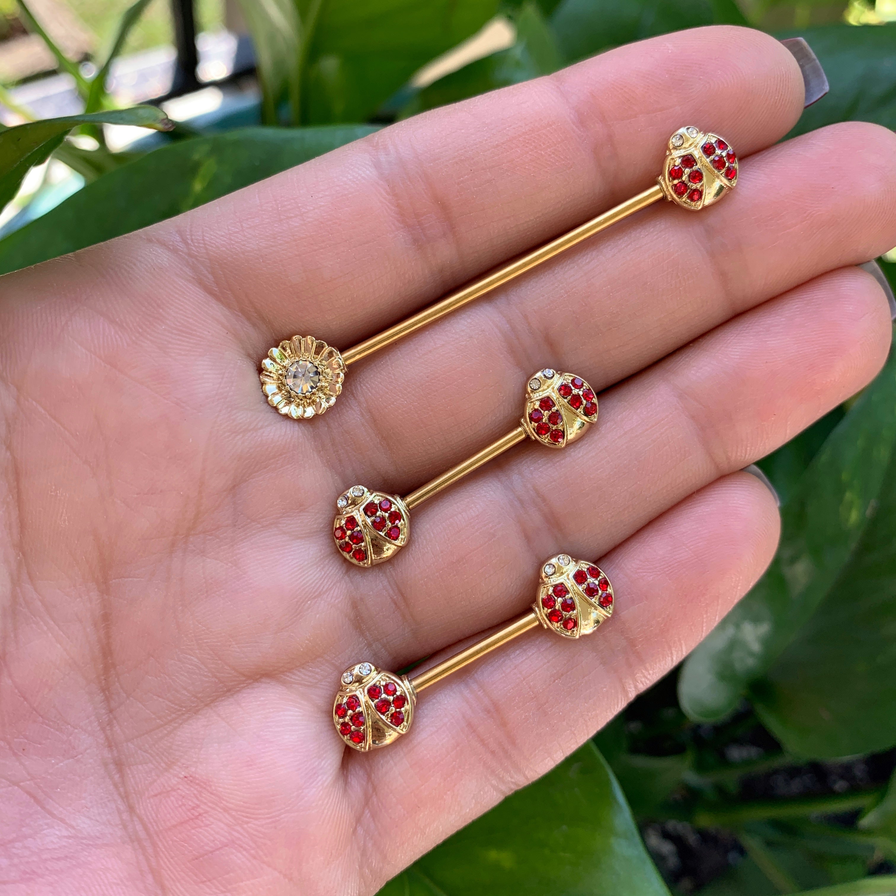 14G 9/16 Clear Red Gem Gold Tone Ladybug Barbell Nipple Ring Set
