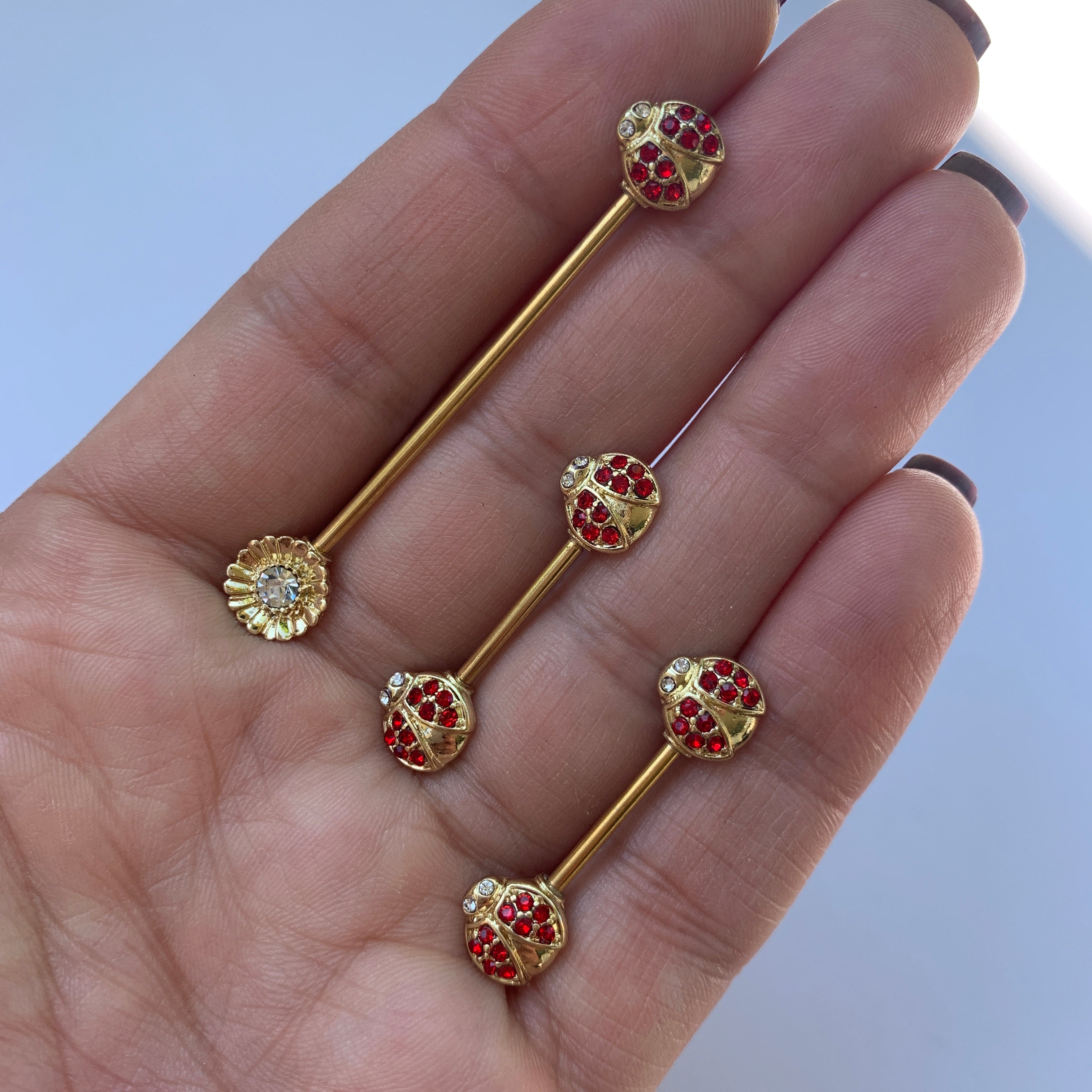 14G 9/16 Clear Red Gem Gold Tone Ladybug Barbell Nipple Ring Set
