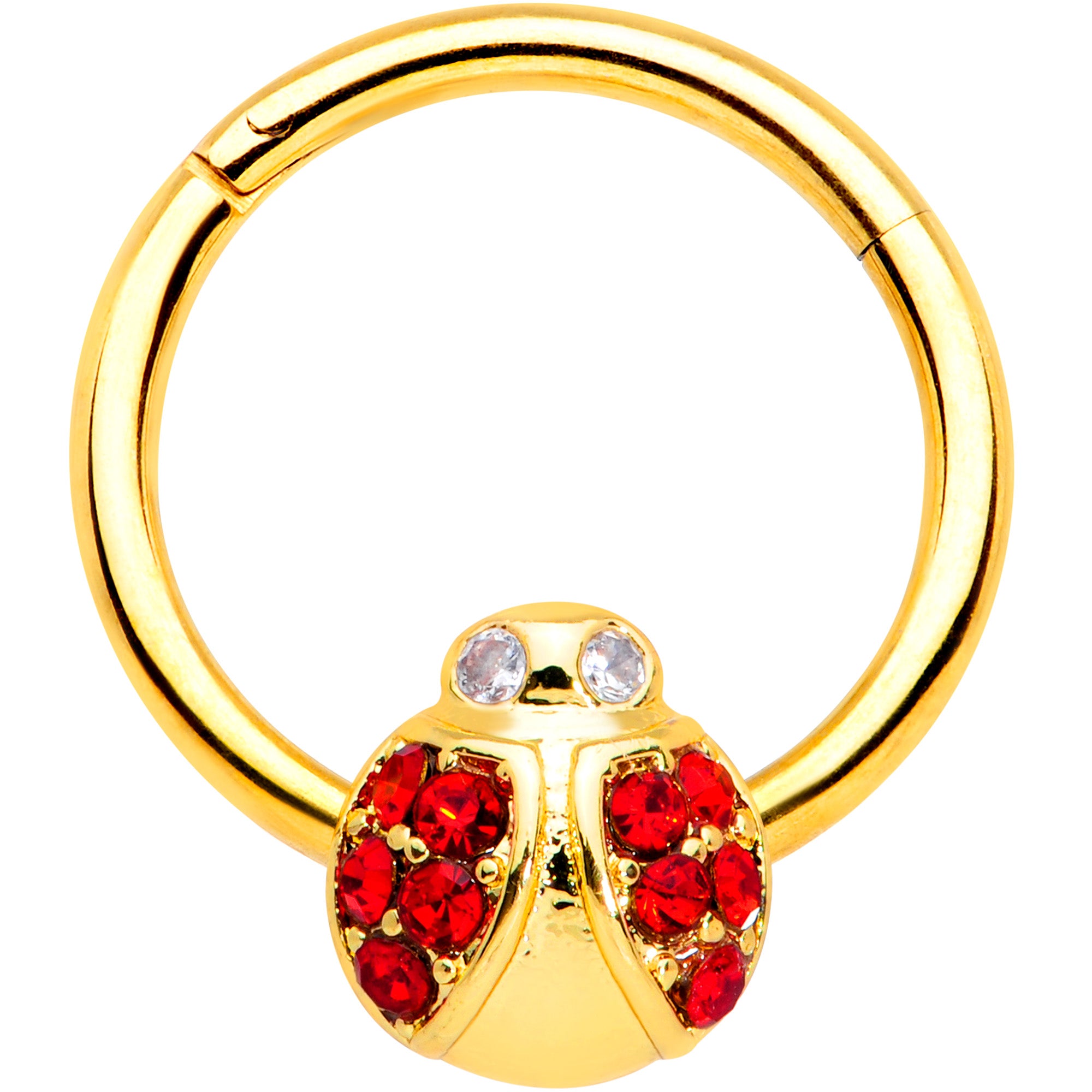 16G 3/8 Red Gem Gold Tone Ladybug Hinged Segment Ring