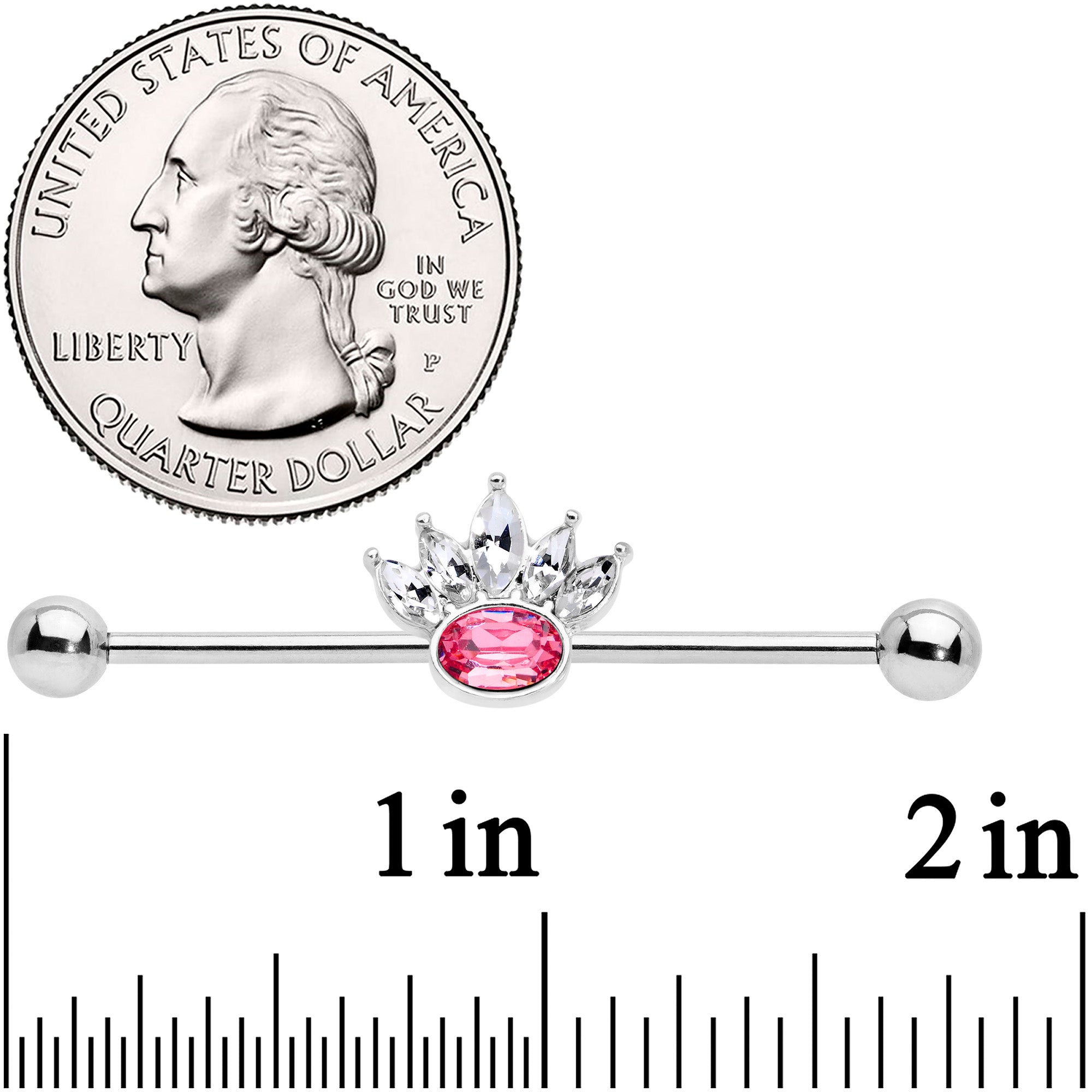 14 Gauge Clear Pink Gem Crown Industrial Barbell 38mm