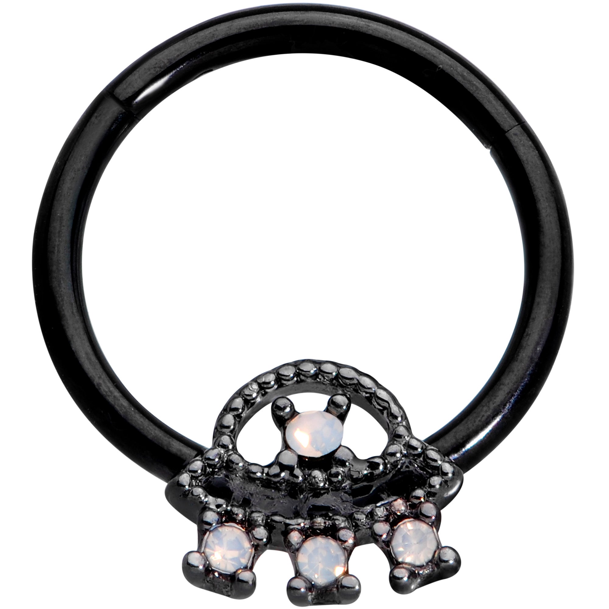 16G 3/8 White Faux Opal Black UFO Hinged Segment Ring