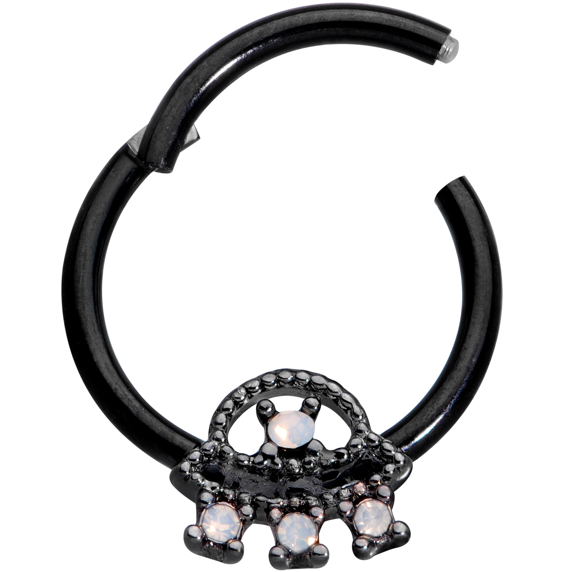 16G 3/8 White Faux Opal Black UFO Hinged Segment Ring
