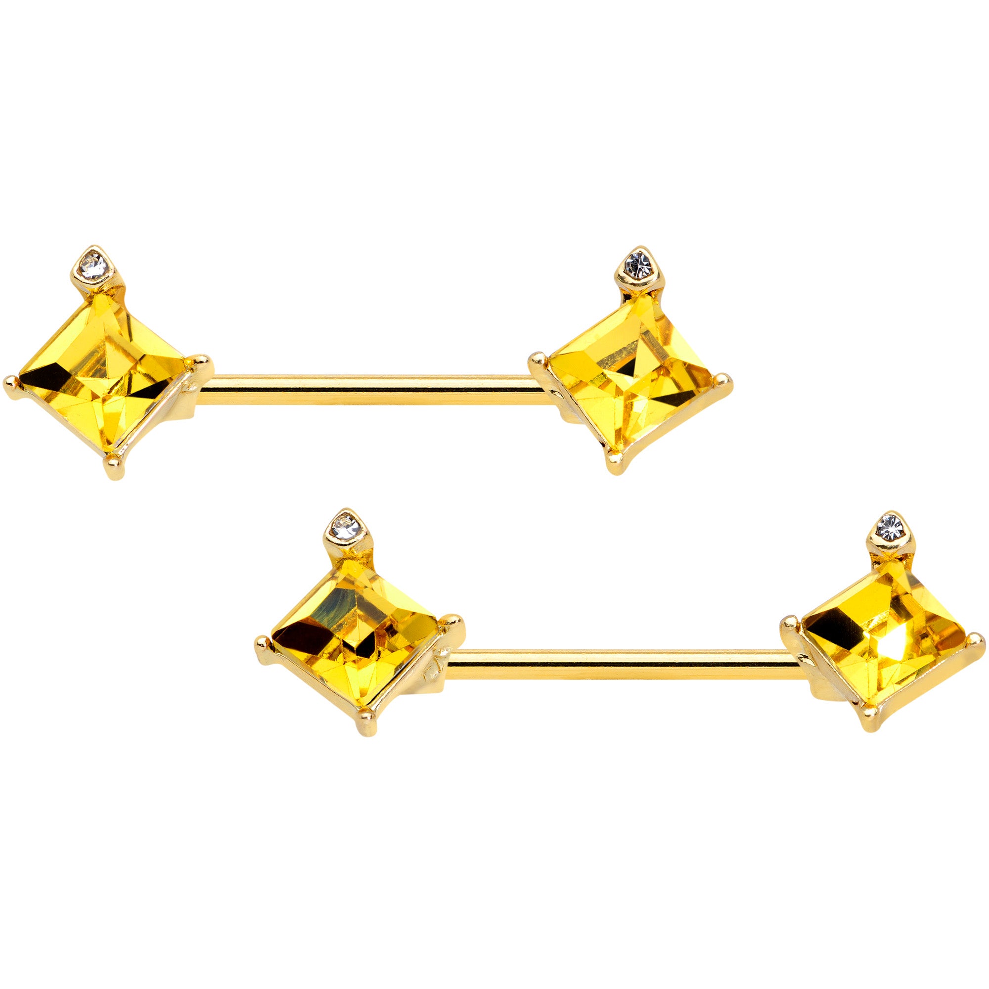 14G 5/8 Clear Yellow Gem Gold Tone Rhombus Barbell Nipple Ring Set
