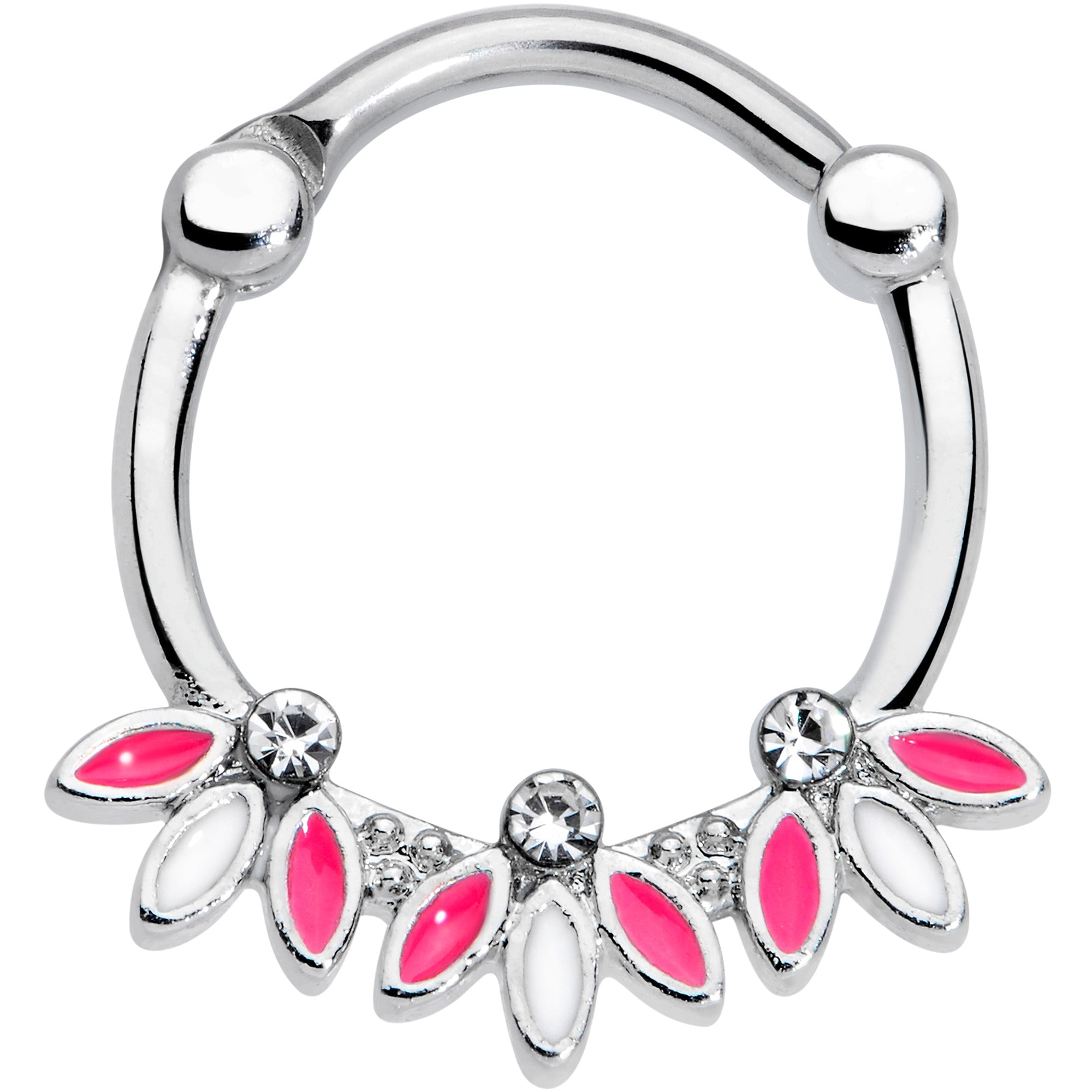 16G 3/8 Clear Gem White Pink Leaves Septum Clicker