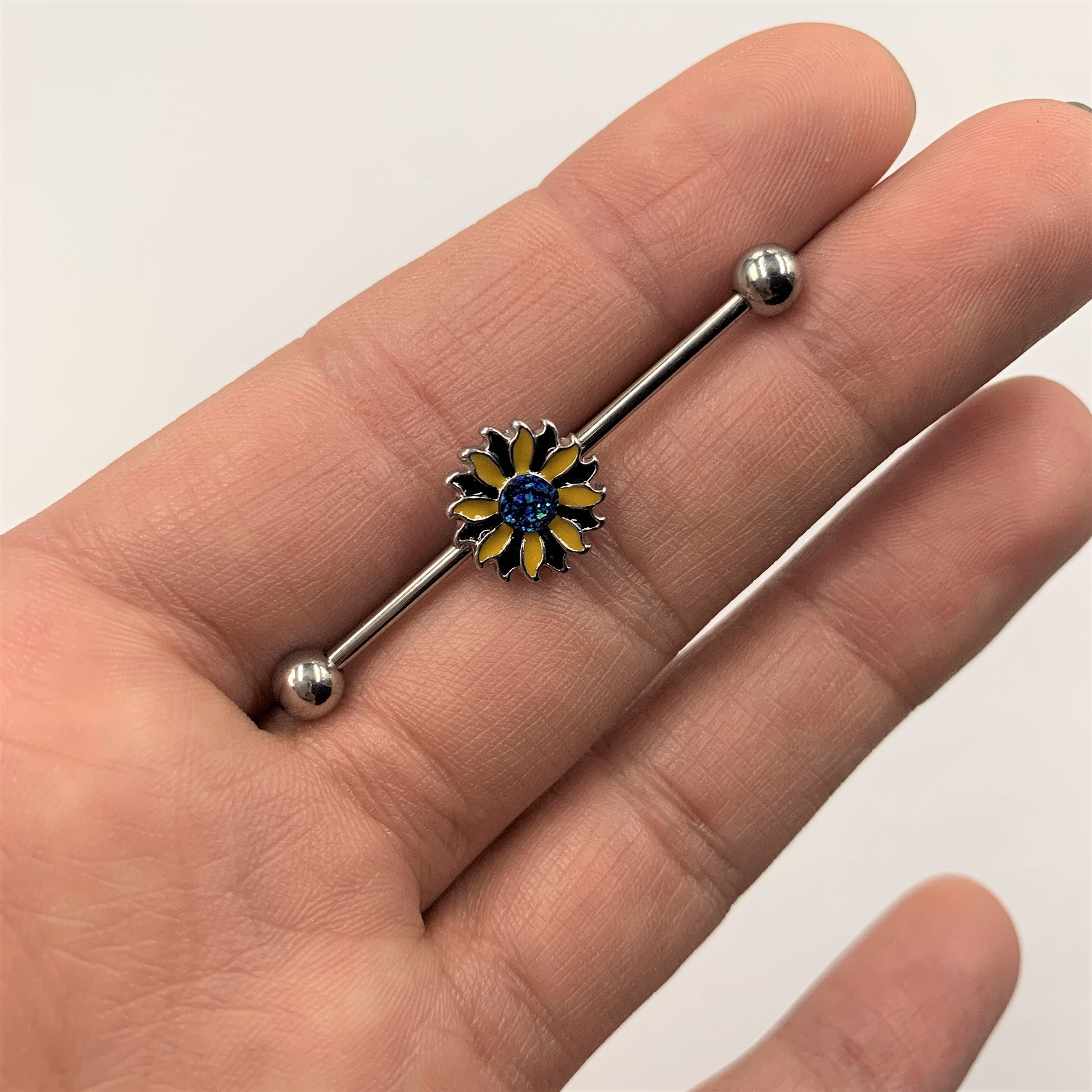 14G Blue Faux Druzy Yellow Sunflower Industrial Barbell 38mm