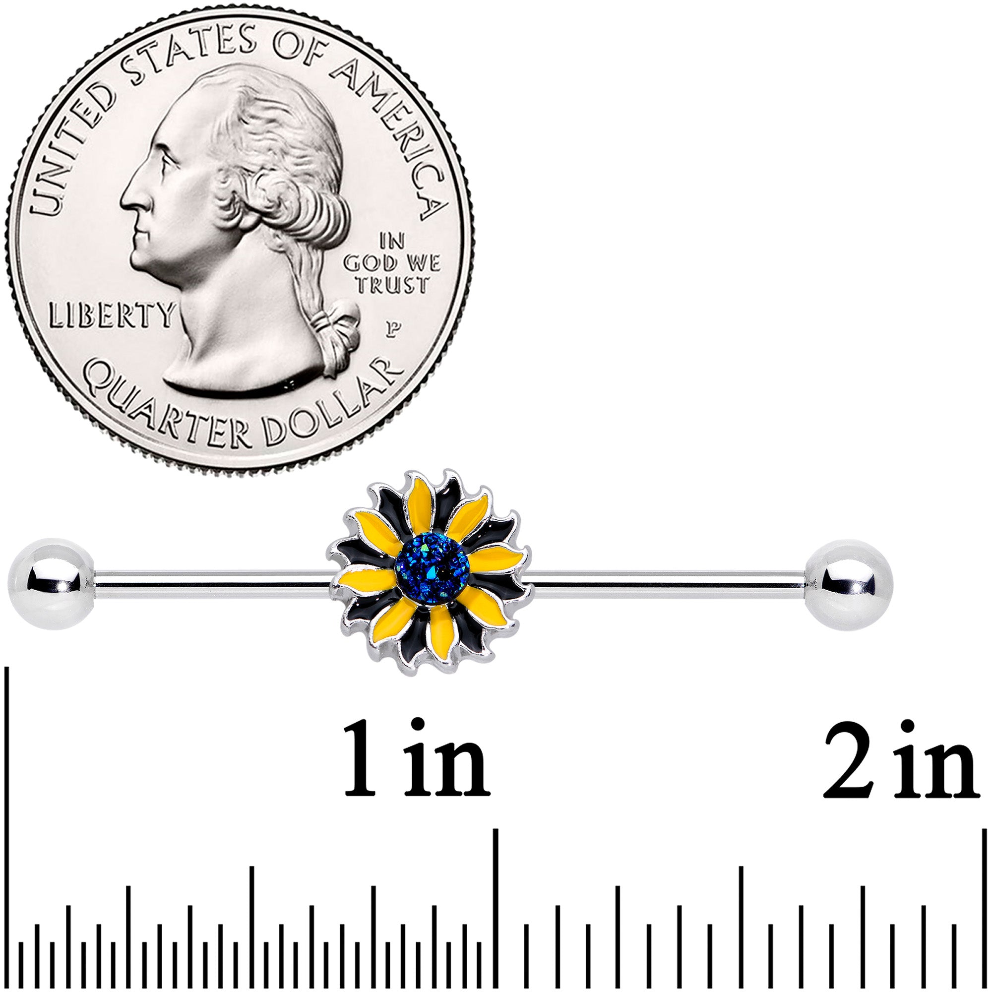 14G Blue Faux Druzy Yellow Sunflower Industrial Barbell 38mm